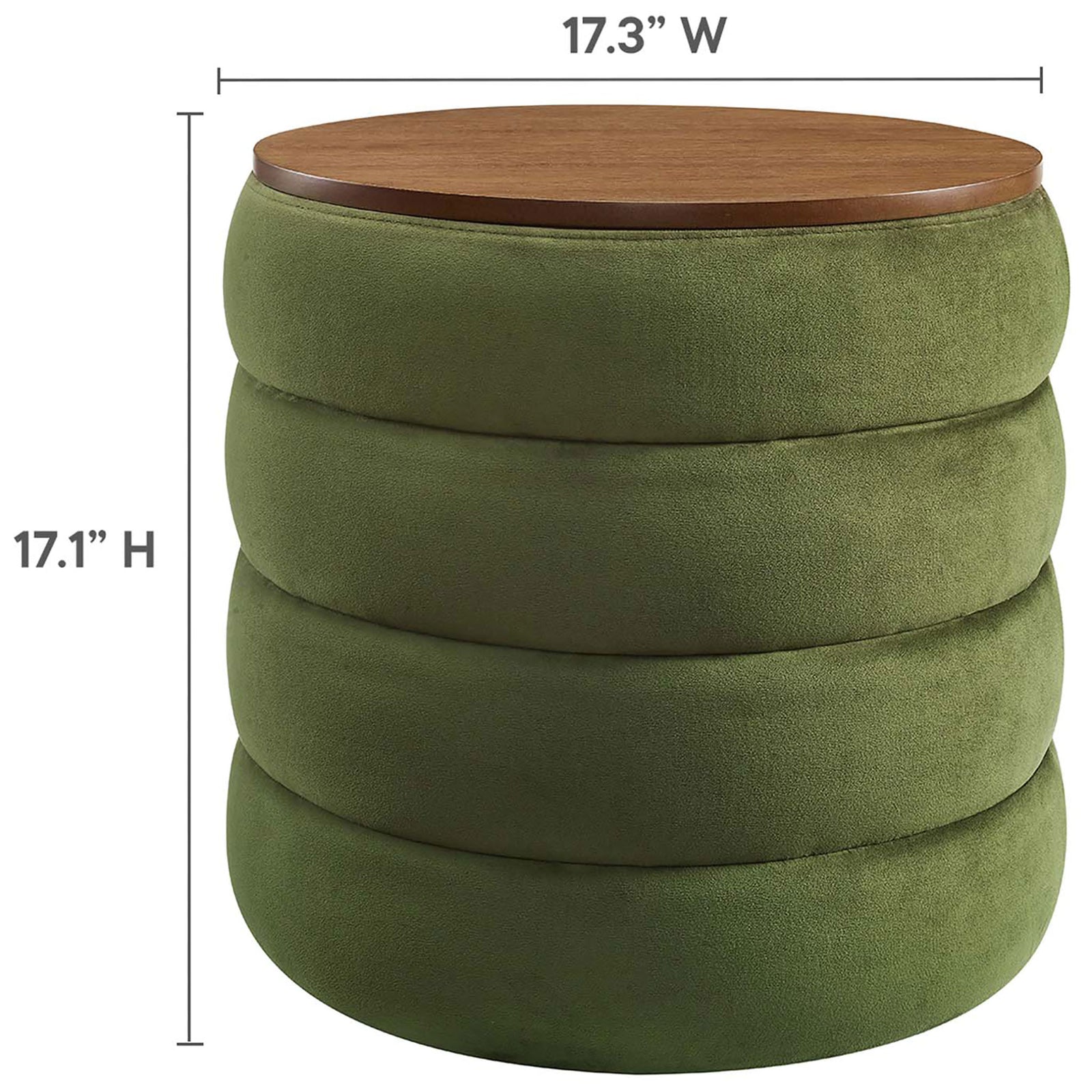 Size guide for the Mezzo storage ottoman highlighting its compact round profile and versatile height || EEI-6684-MOG || dimension_studio