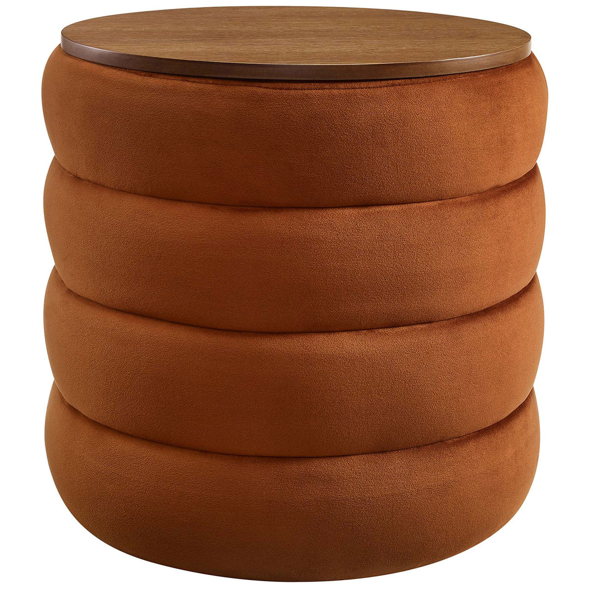 Round rust velvet storage ottoman with plush channel tufting and smooth wood grain lid || EEI-6684-RUS || front_angle_studio
