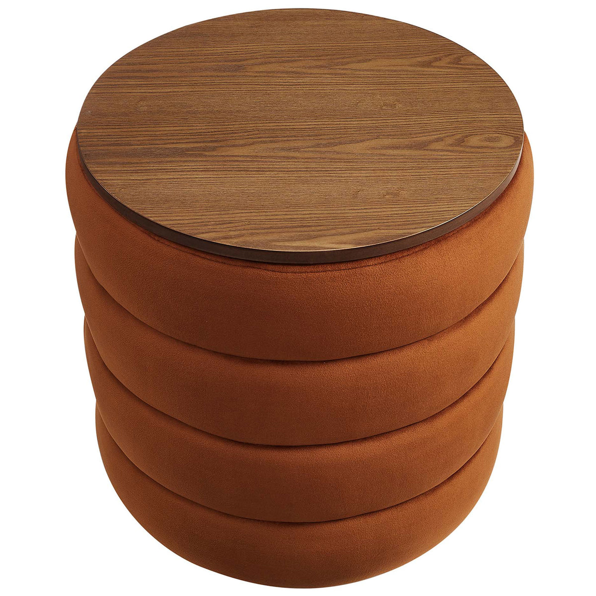 Wood grain round tabletop lid capping the plush rust velvet ottoman base || EEI-6684-RUS || top_studio