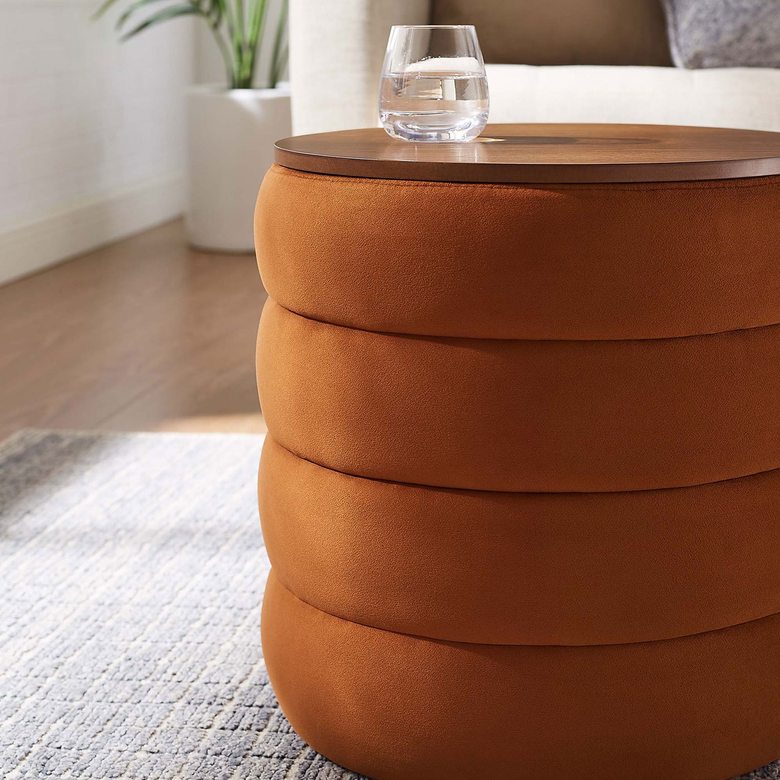 Rust velvet storage ottoman beside a sofa, topped with a glass for use as a chic side table || EEI-6684-RUS || detail_room