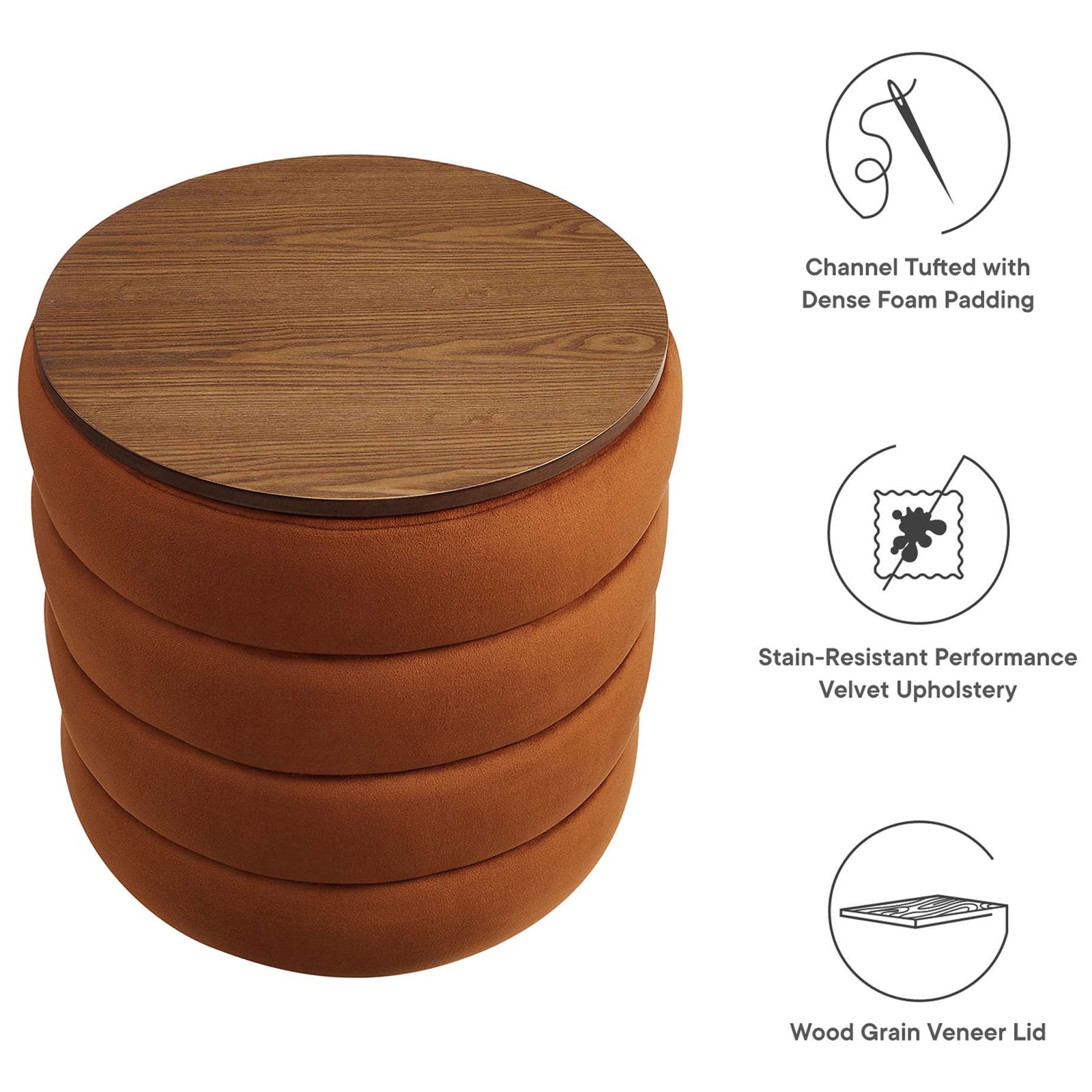 Round rust velvet storage ottoman shown with icons highlighting comfort, durability, and wood lid || EEI-6684-RUS || callout_studio