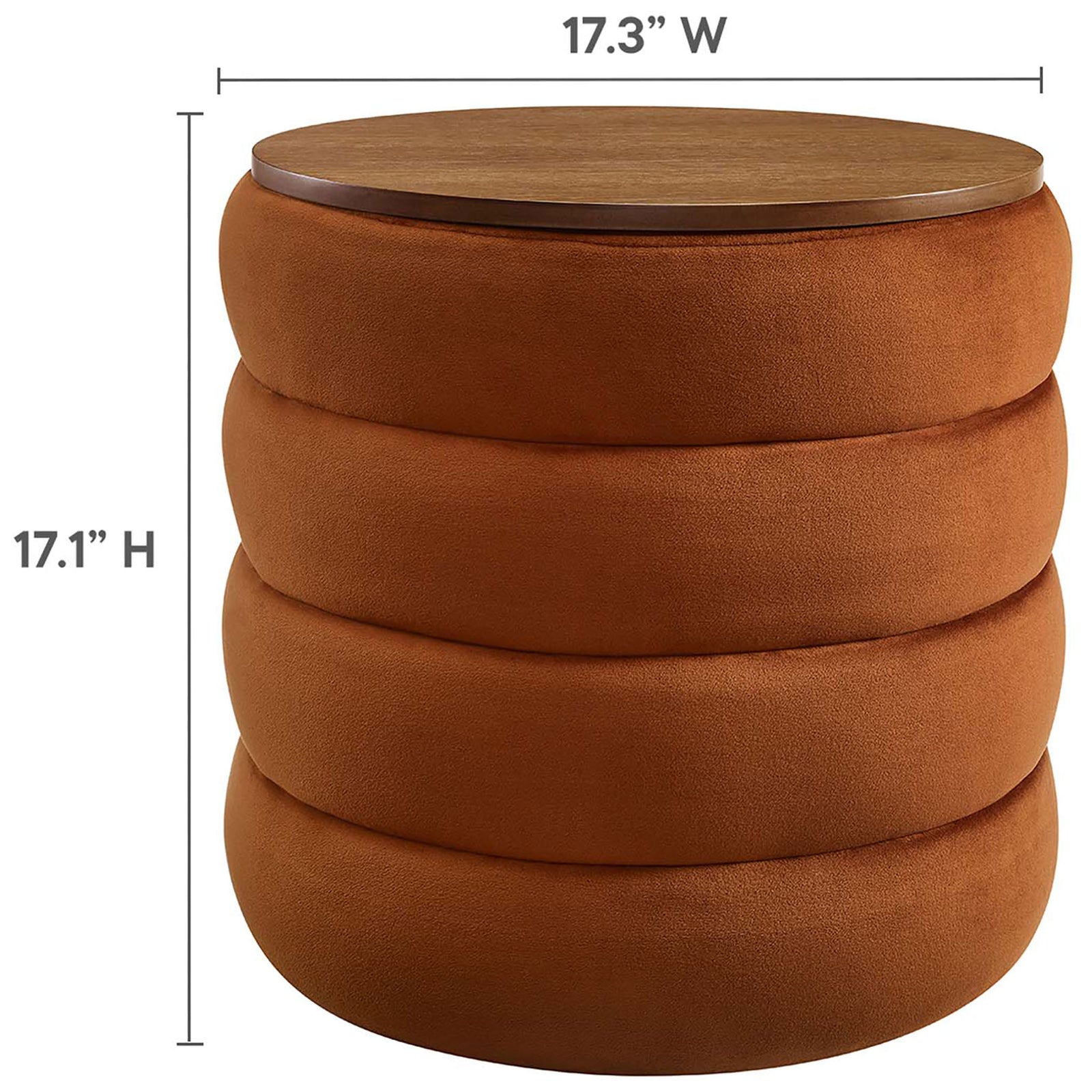 Dimension view of rust velvet storage ottoman with height and width measurements displayed || EEI-6684-RUS || dimension_studio