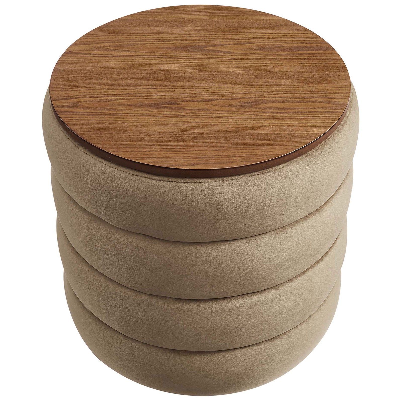 Smooth wood grain lid crowns the round taupe velvet storage ottoman base || EEI-6684-TAU || top_studio