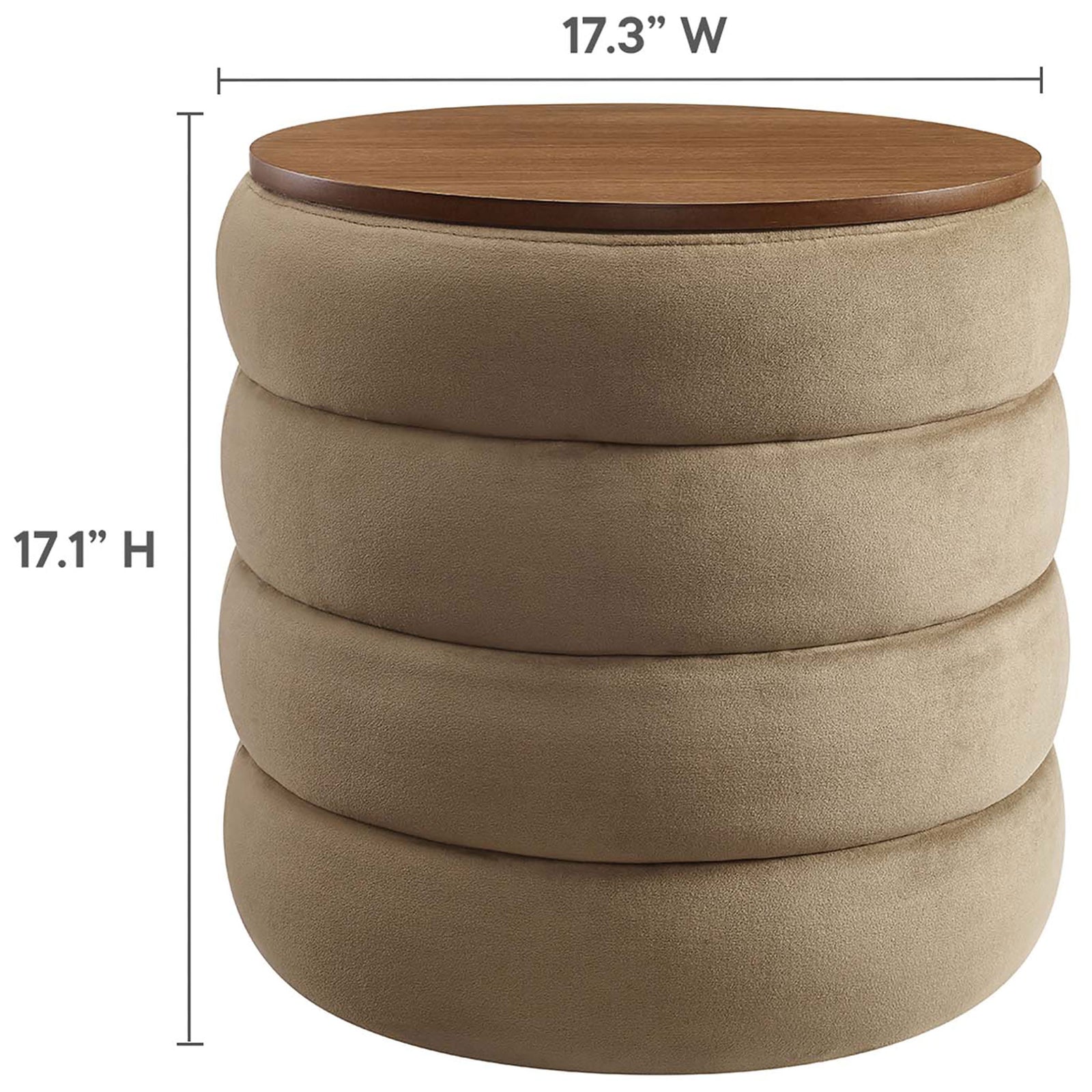 Dimensions of the round taupe velvet storage ottoman with wood grain lid are clearly labeled || EEI-6684-TAU || dimension_studio
