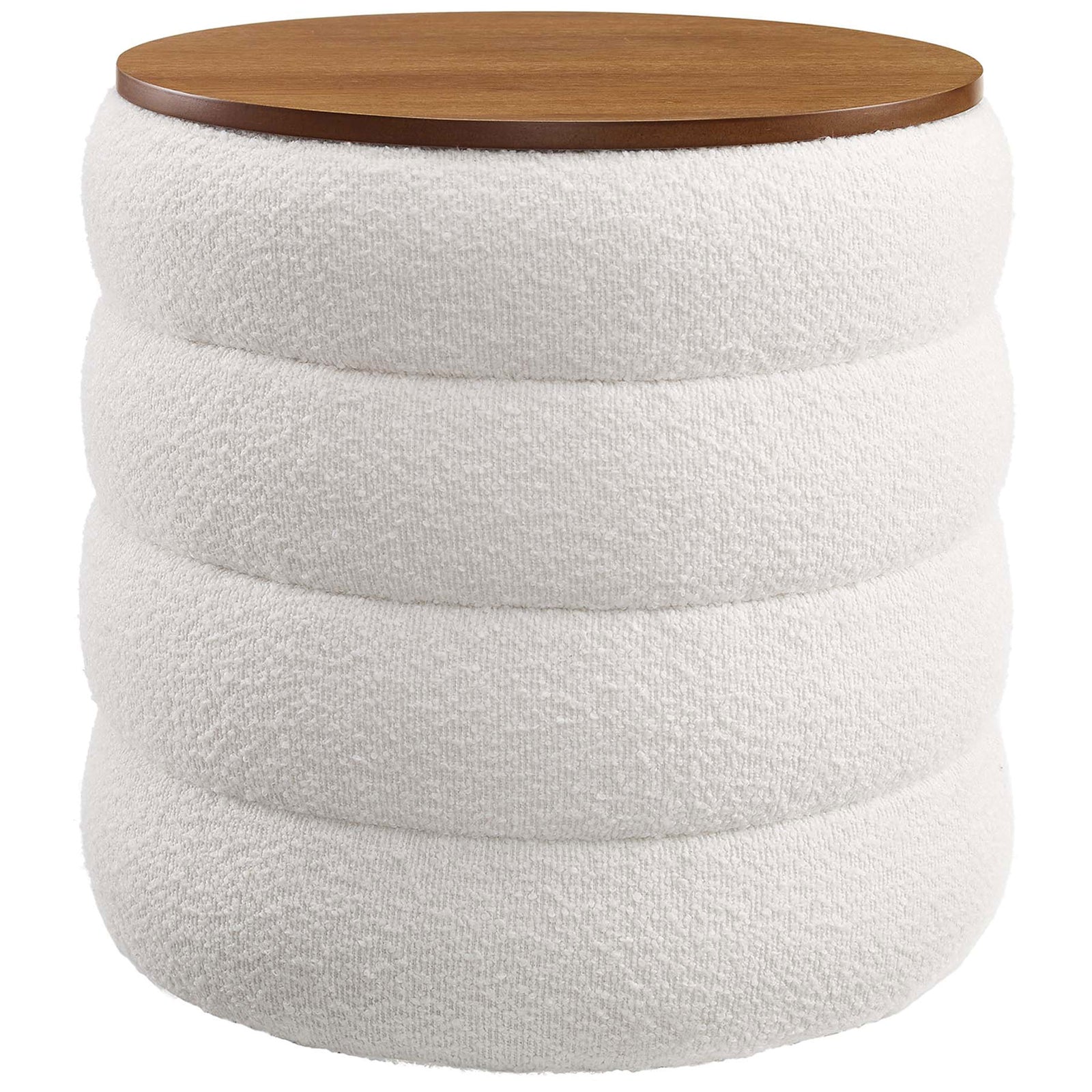 Round cloud boucle storage ottoman with channel tufted sides and smooth wood veneer top || EEI-6685-CLO || front_studio