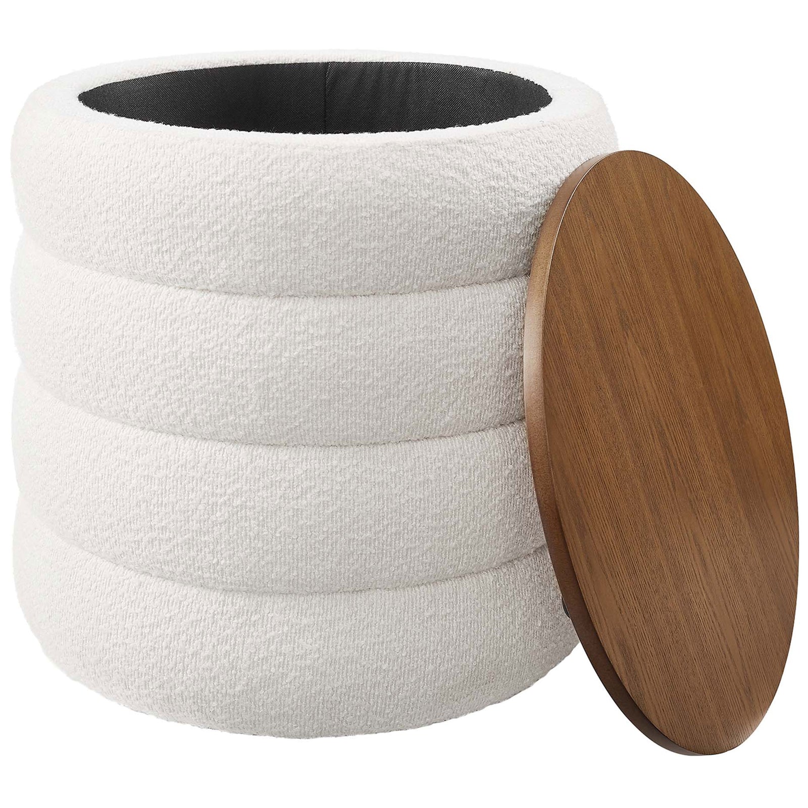 Cloud boucle ottoman with removable wood veneer lid revealing a spacious interior storage compartment || EEI-6685-CLO || front_angle_open_studio