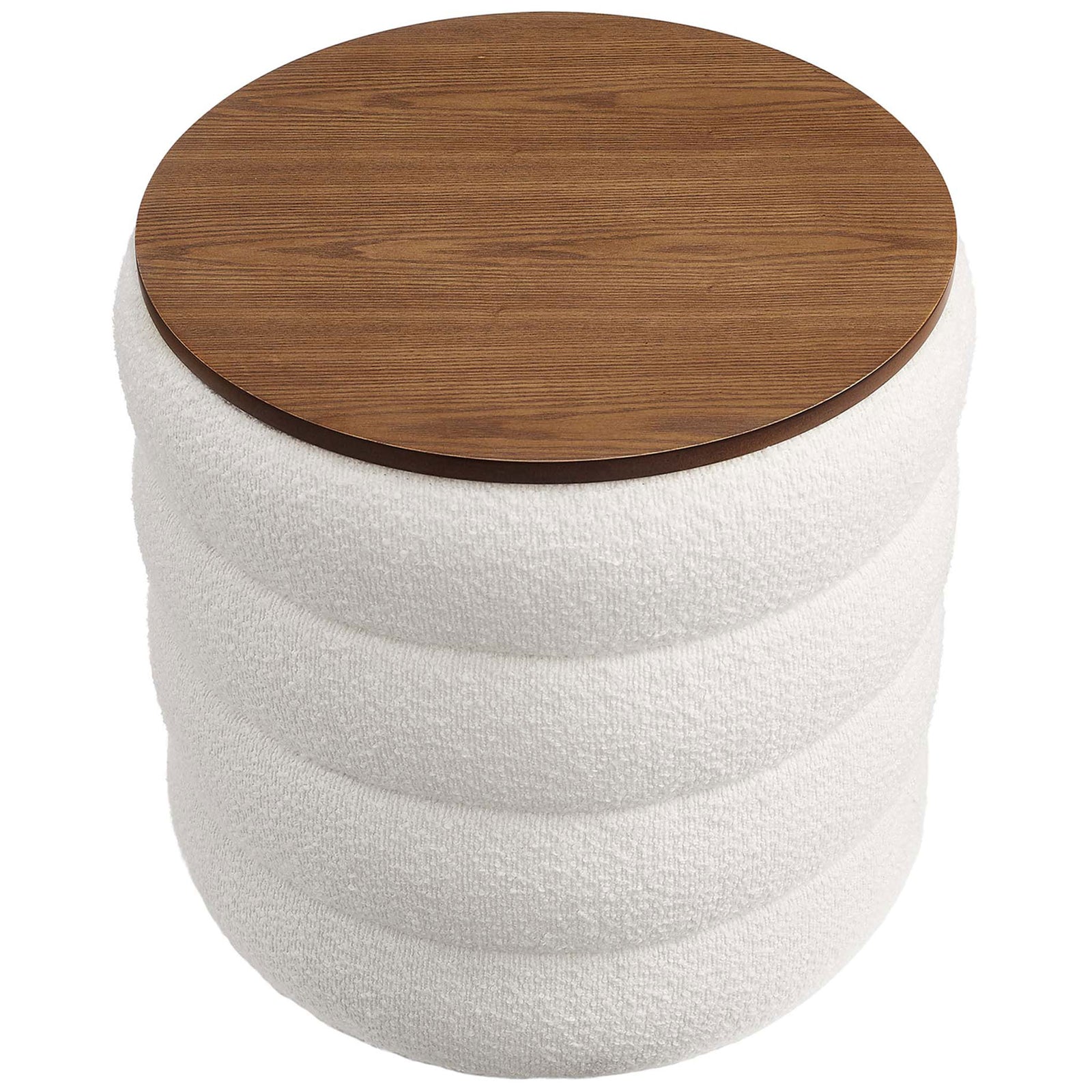Smooth round wood veneer lid topping a plush boucle ottoman for use as a compact side table || EEI-6685-CLO || top_angle_studio