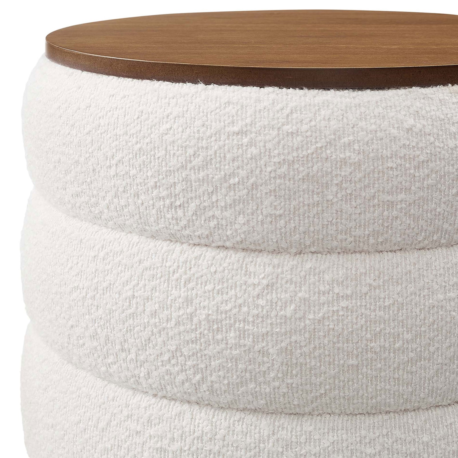 Textured cloud boucle upholstery and deep channel tufting on the storage ottoman base || EEI-6685-CLO || detail_studio