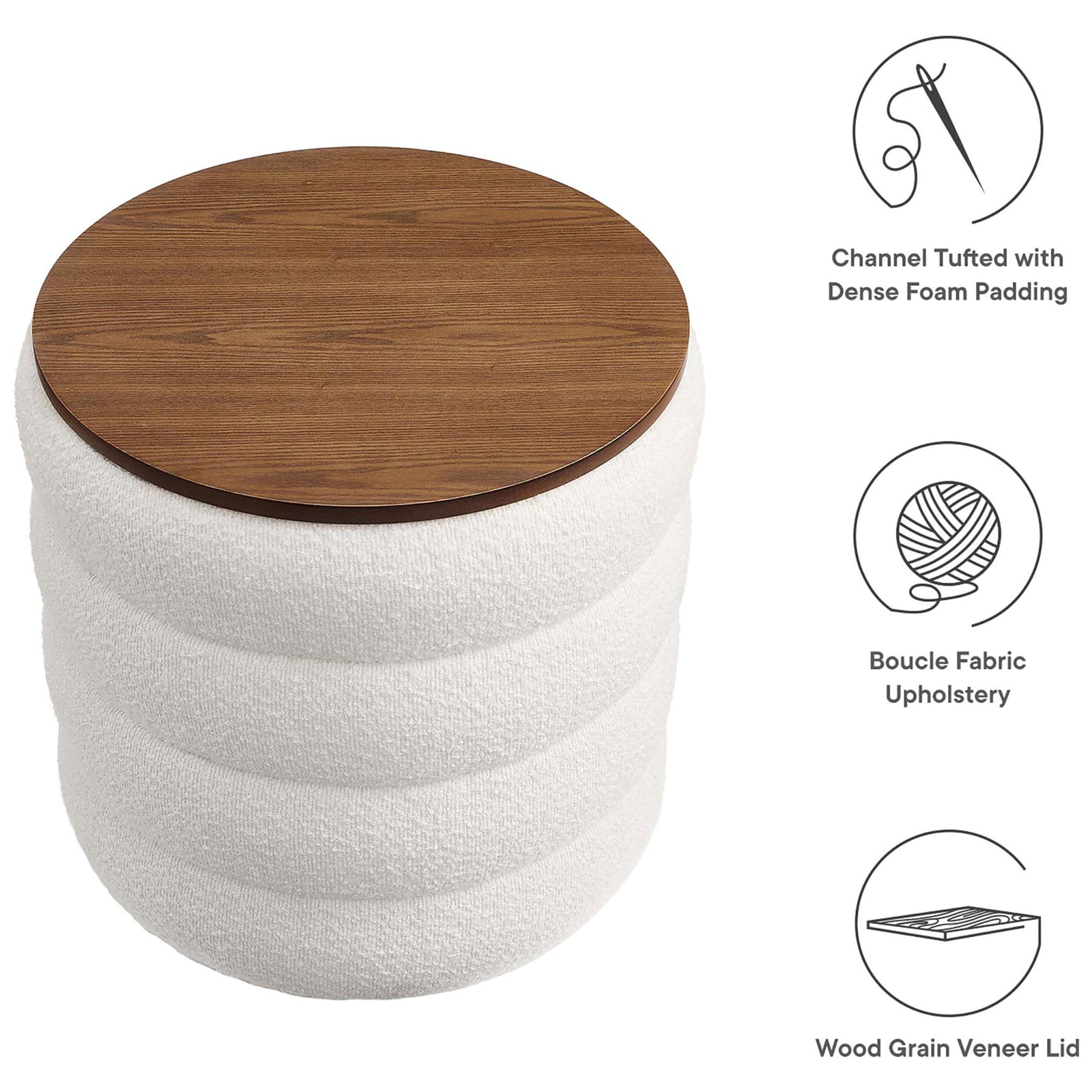 Boucle storage ottoman with wood veneer lid shown with icons highlighting padding and upholstery || EEI-6685-CLO || callout_studio