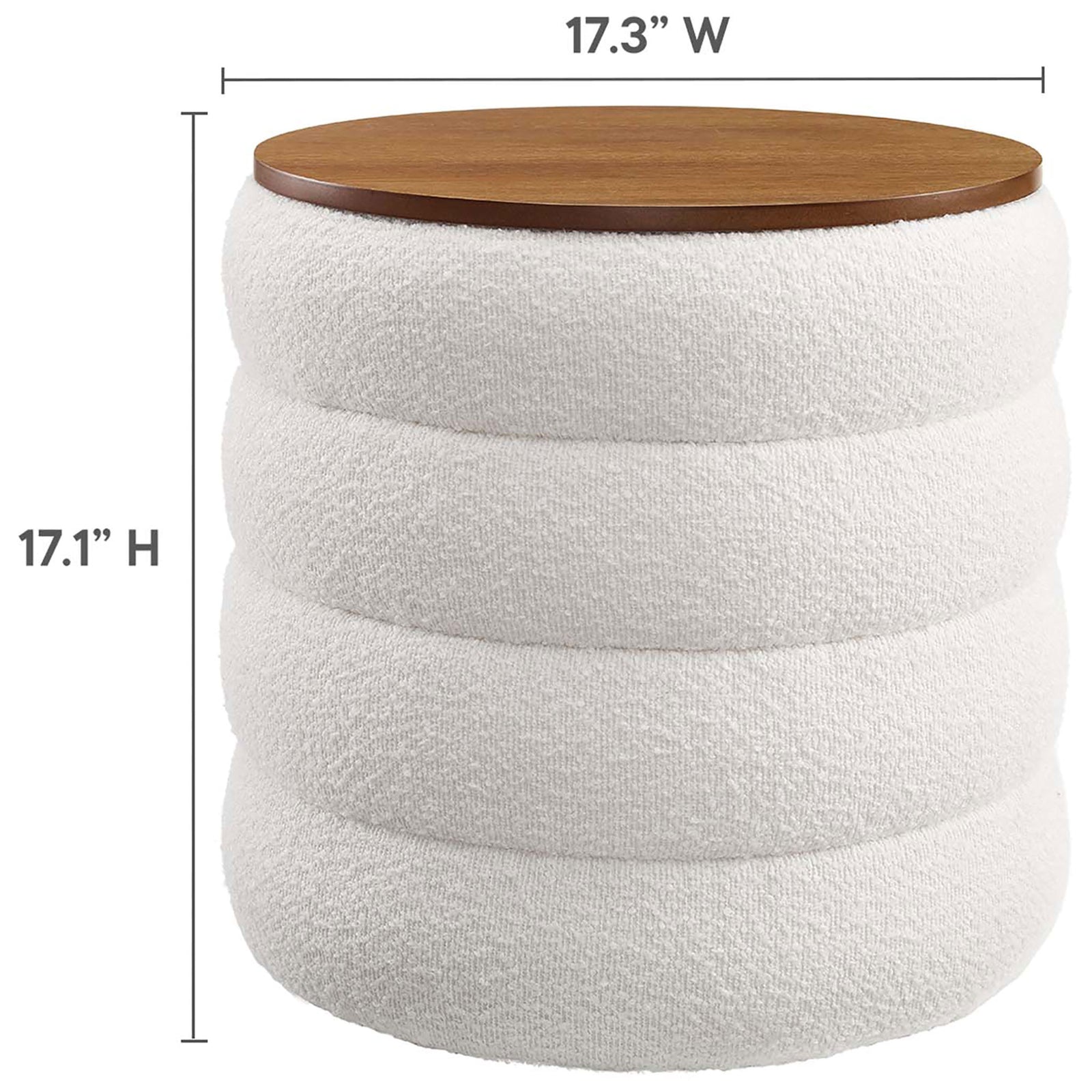 Boucle storage ottoman with wood veneer lid shown with height and width dimensions for planning || EEI-6685-CLO || dimension_studio