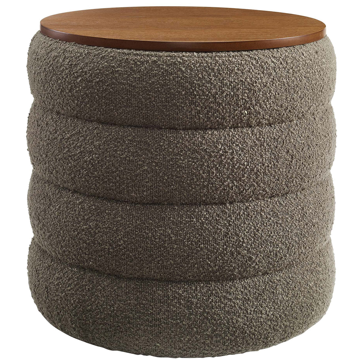 Round pebble boucle storage ottoman with smooth wood veneer top and plush channeled sides || EEI-6685-PEB || front_angle_studio