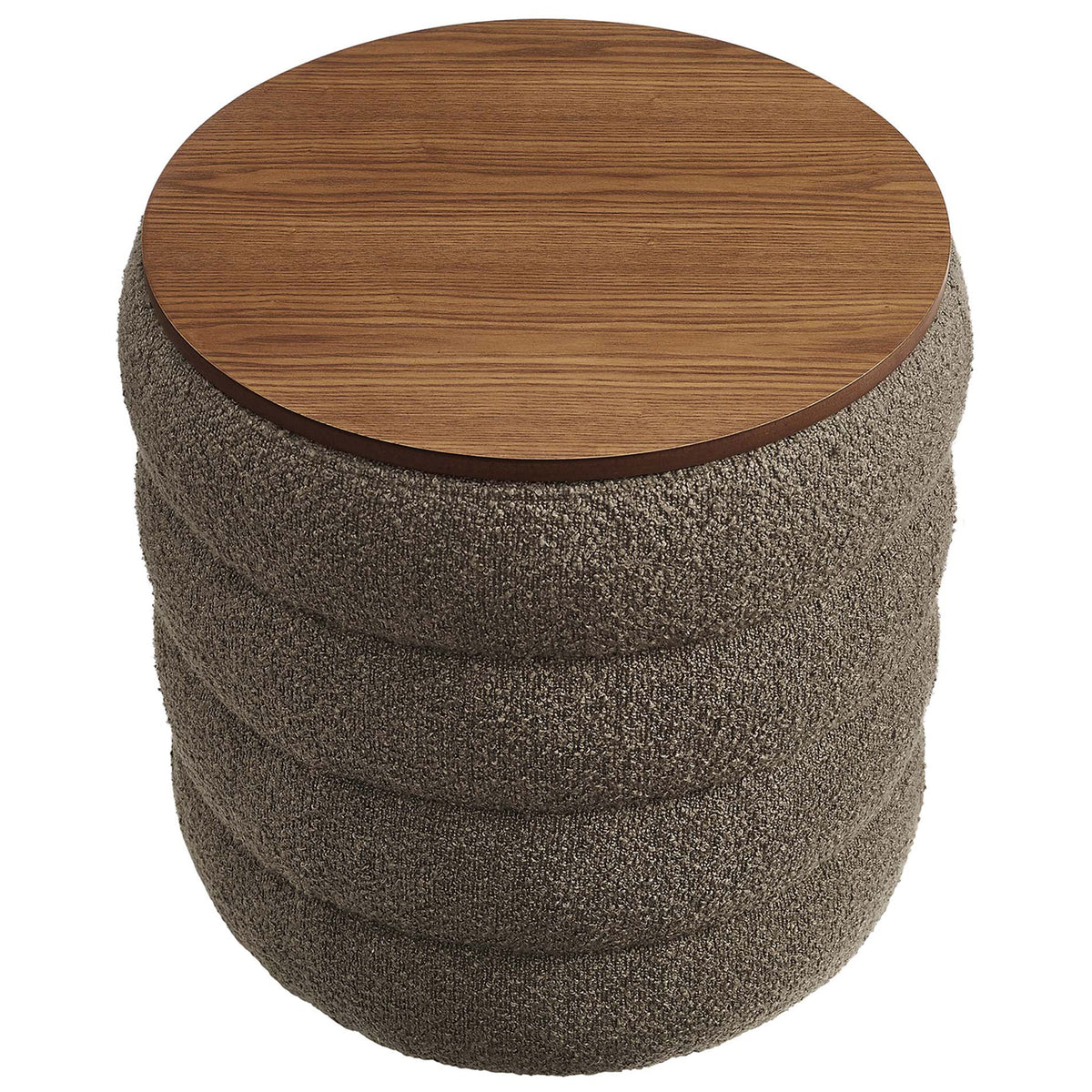 Smooth round wood veneer lid tops the textured pebble boucle ottoman for a warm modern accent || EEI-6685-PEB || top_studio