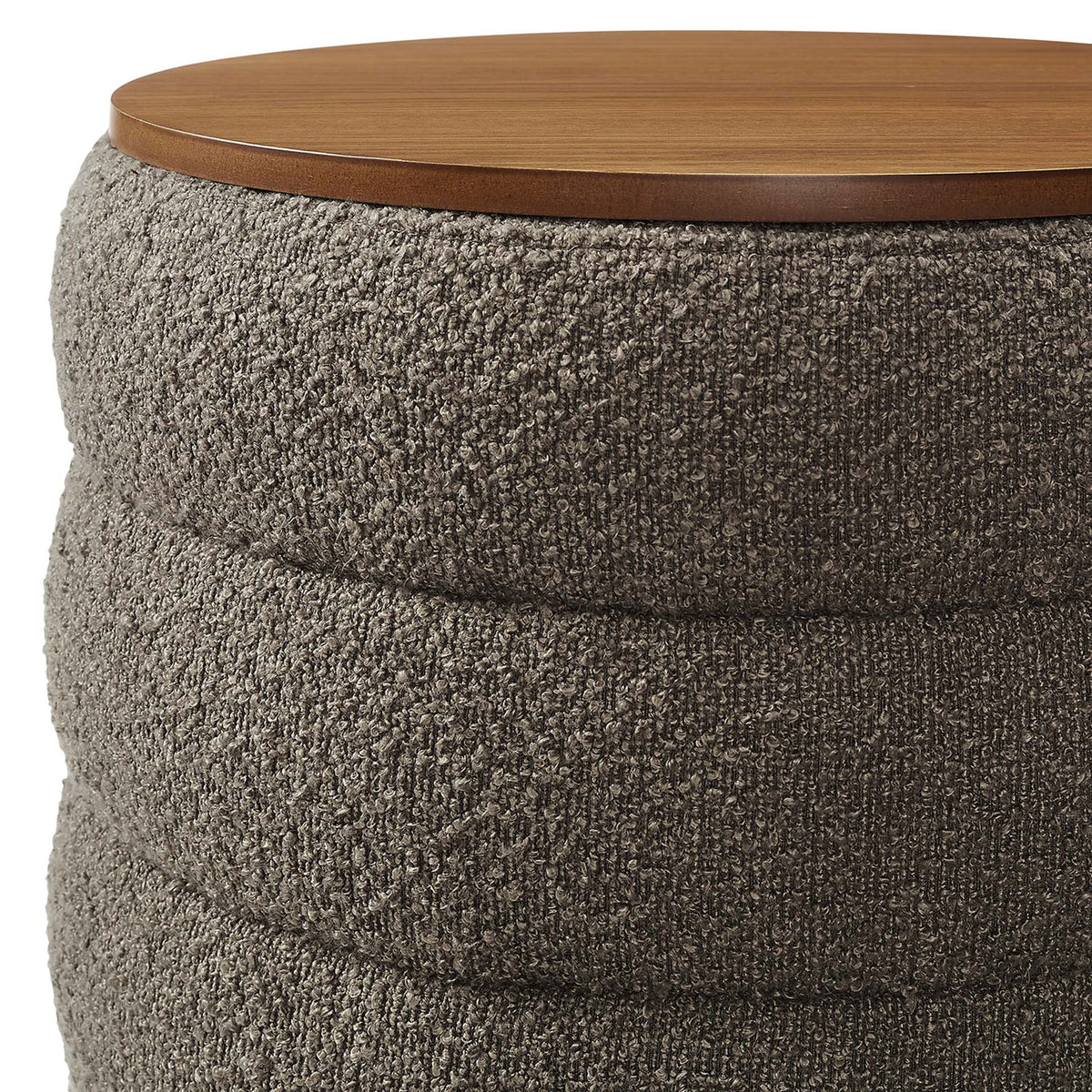 Close up of the plush channel tufted pebble boucle upholstery and smooth rounded wood lid edge || EEI-6685-PEB || detail_studio