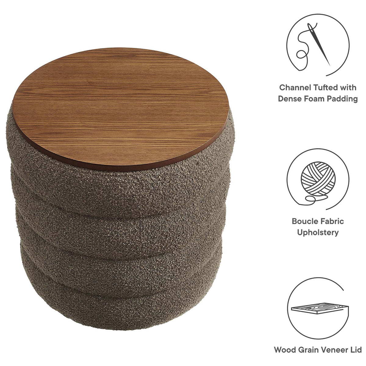 Feature highlights show the pebble boucle ottoman with wood top and icons for comfort and upholstery || EEI-6685-PEB || callout_studio
