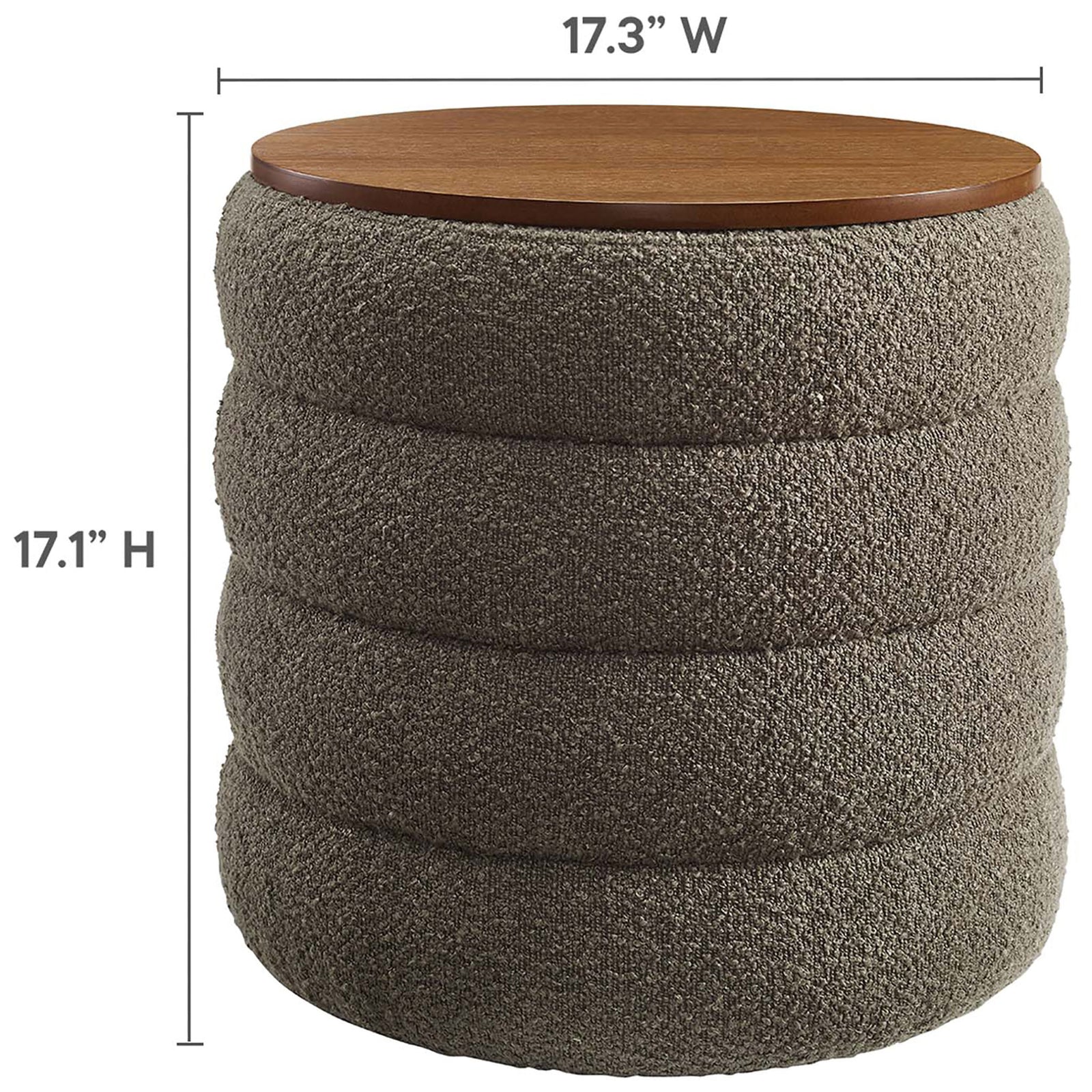 Dimension view of the round pebble boucle storage ottoman with measurements for height and width || EEI-6685-PEB || dimension_studio