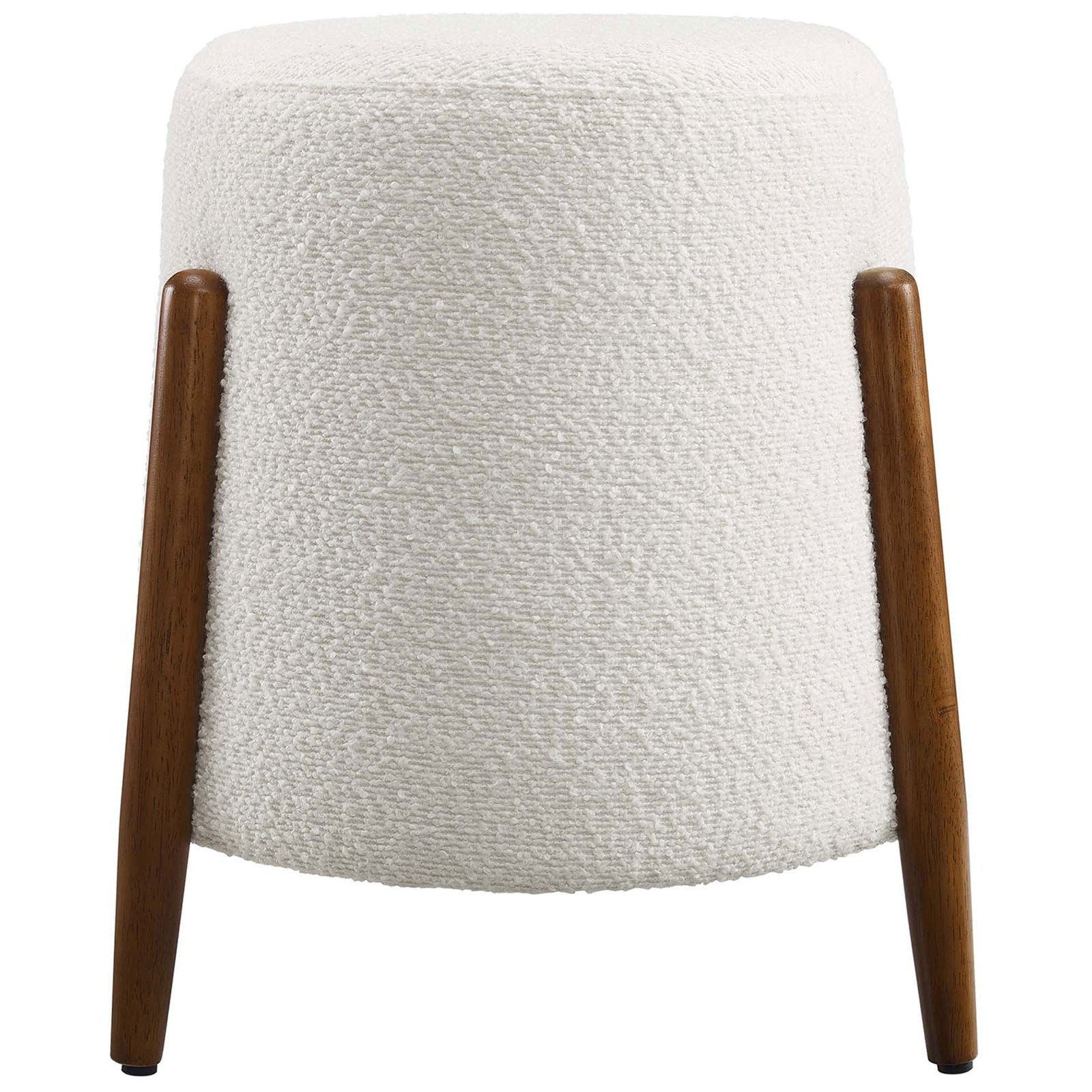 Cloud boucle ottoman with softly rounded silhouette and three warm wood legs for modern contrast || EEI-6686-CLO || front_studio