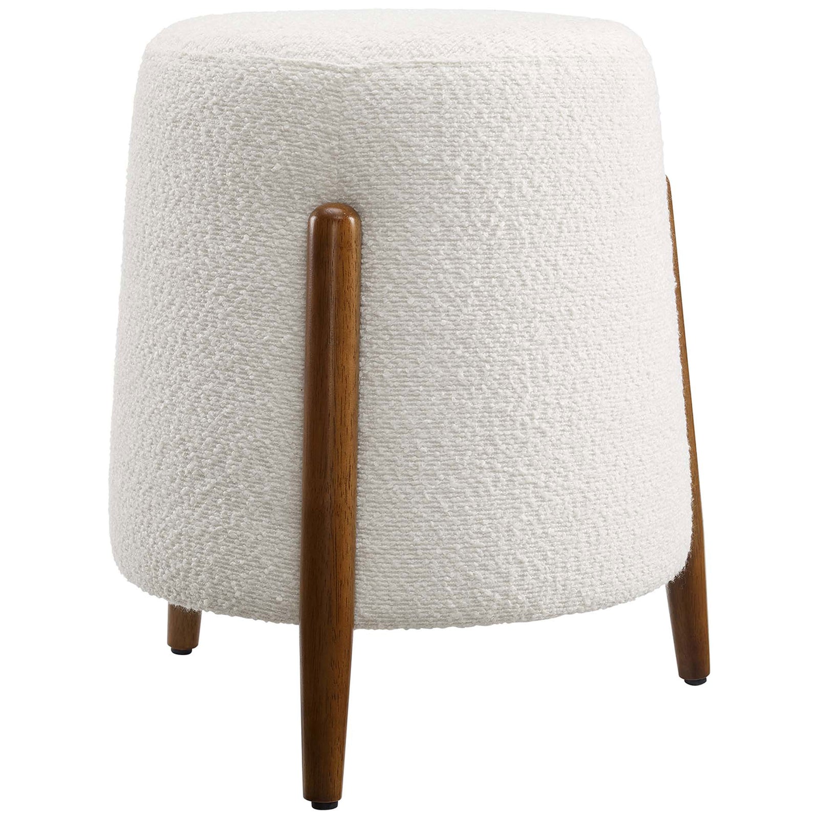 Compact cloud boucle ottoman featuring slim tapered wood legs and a cushioned, inviting seat || EEI-6686-CLO || front_angle_studio