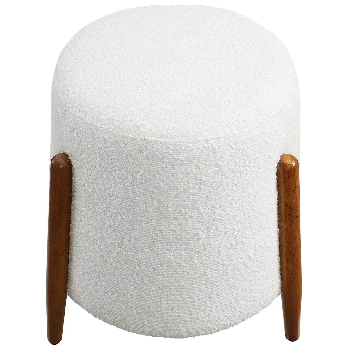 Plush round boucle ottoman showcasing its smooth cushioned top and textured fabric surface || EEI-6686-CLO || top_angle_studio