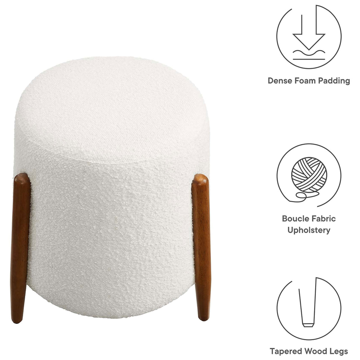Feature graphic highlighting the ottoman's dense foam padding, boucle upholstery, and tapered wood legs || EEI-6686-CLO || callout_studio