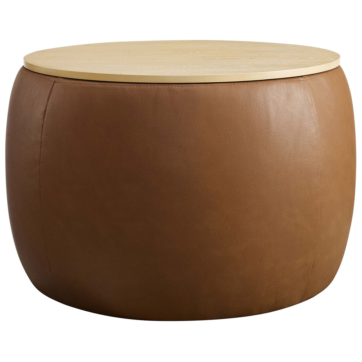 Tan round vegan leather storage ottoman with smooth curves and light wood grain tray top || EEI-6687-TAN || front_angle_studio