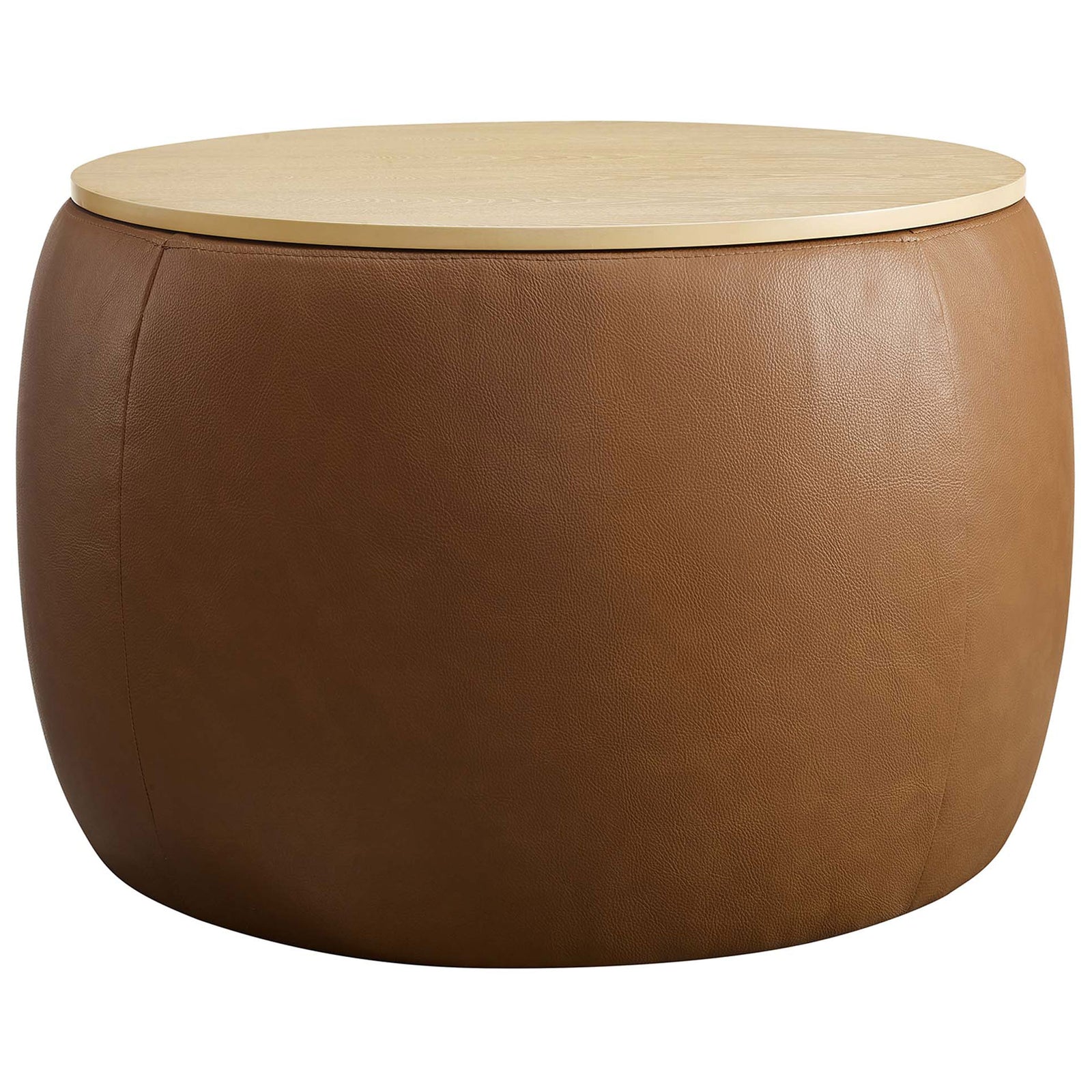 Tan round vegan leather storage ottoman with smooth curves and light wood grain tray top || EEI-6687-TAN || front_angle_studio