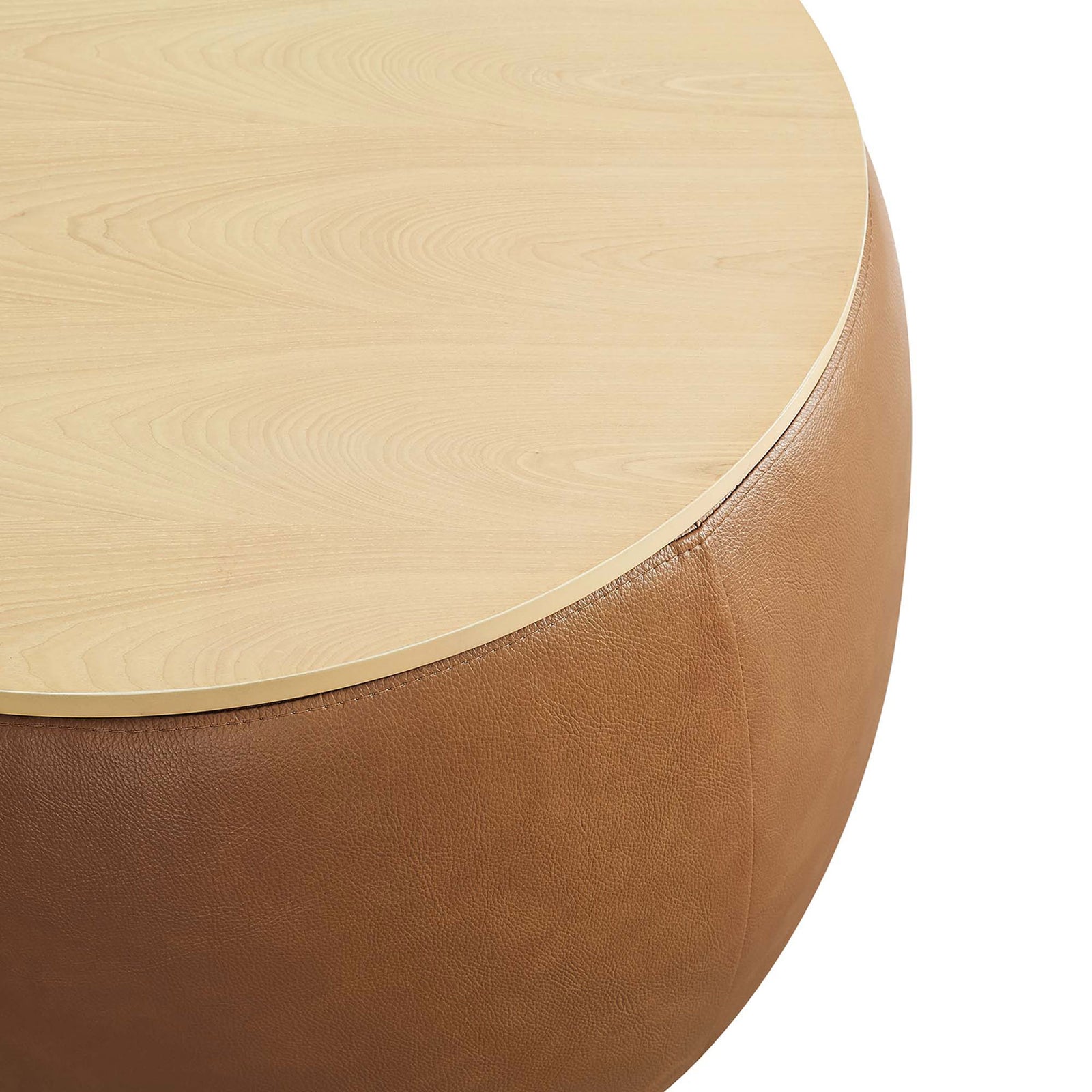 Detail of tan vegan leather base meeting the light wood grain lid for a warm modern look || EEI-6687-TAN || detail_studio