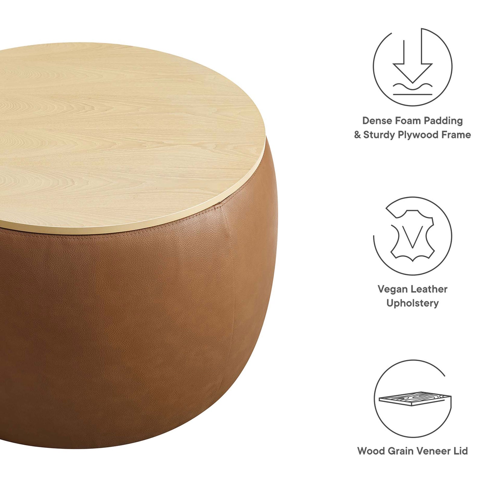 Key features of the Perla tan vegan leather storage ottoman with icons highlighting comfort and durability || EEI-6687-TAN || callout_studio