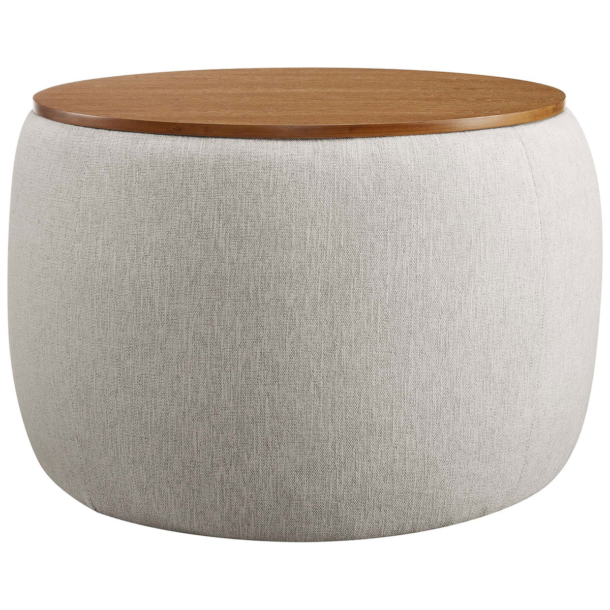 Round ivory storage ottoman with wood grain tray lid and smooth heathered upholstery || EEI-6688-HEI || front_angle_studio