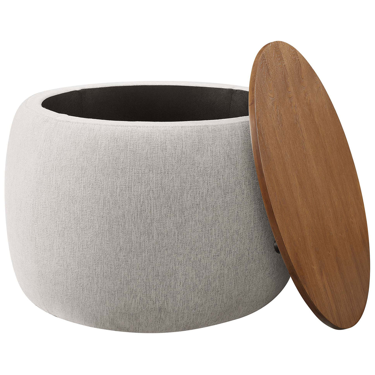 Ivory fabric storage ottoman with removable wood lid revealing spacious lined compartment || EEI-6688-HEI || front_angle_open_studio