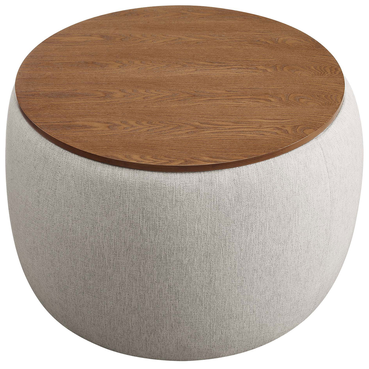 Wood veneer tray top on rounded ivory ottoman showcasing warm grain and soft edge profile || EEI-6688-HEI || top_studio