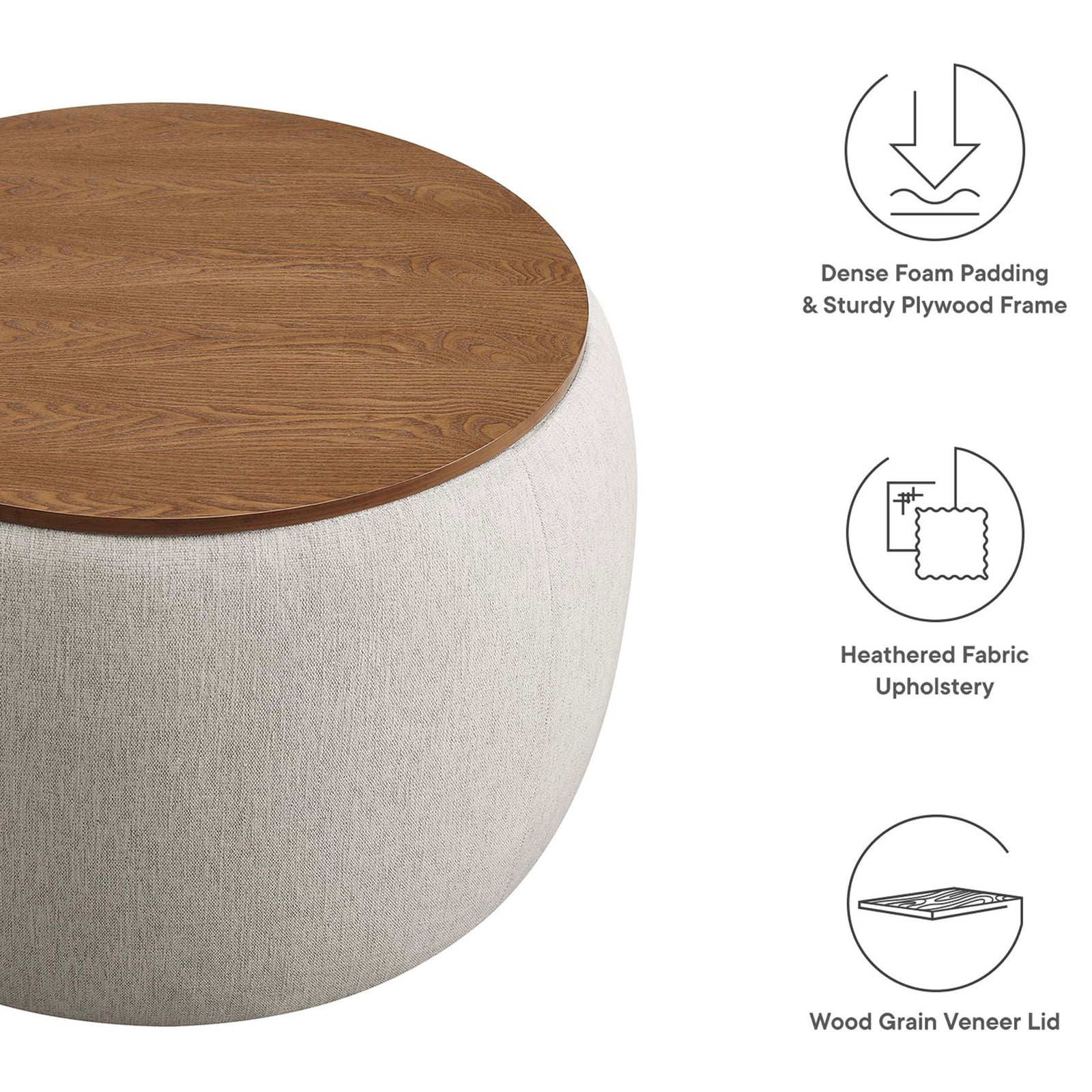 Perla ivory storage ottoman highlighting dense foam padding, heathered upholstery, and wood veneer lid || EEI-6688-HEI || callout_studio