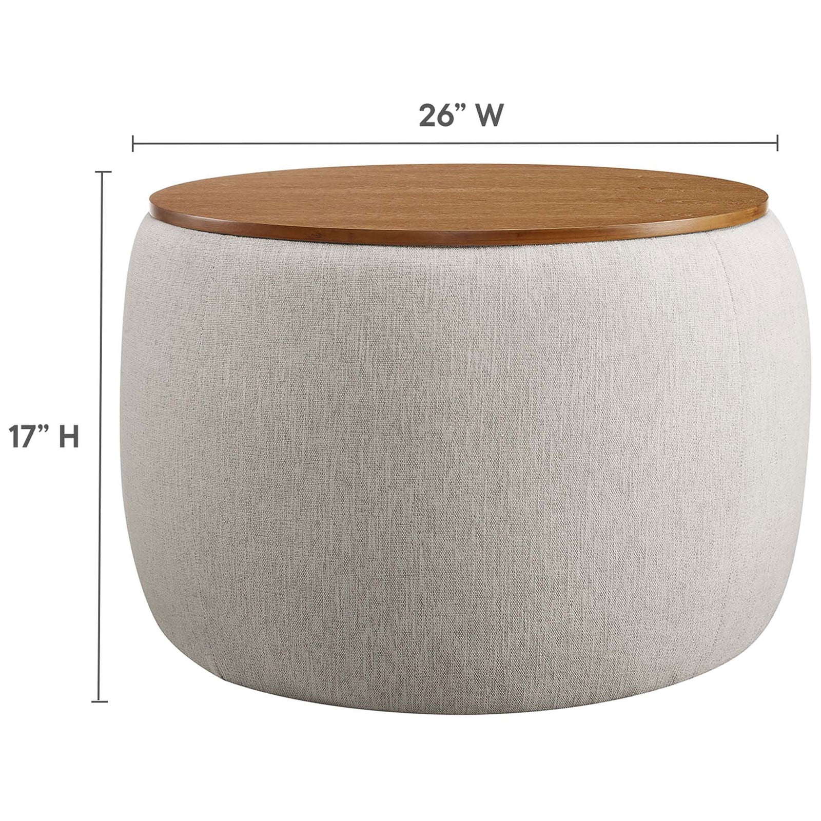 Perla round storage ottoman in ivory fabric with clearly marked 26 inch width and 17 inch height || EEI-6688-HEI || dimension_studio