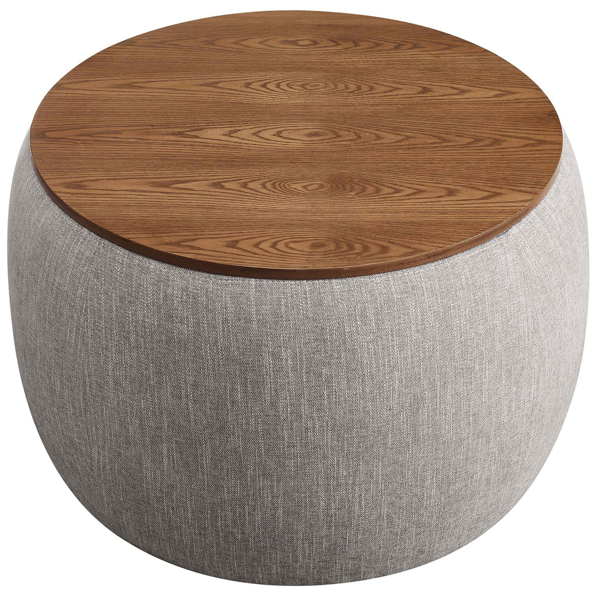 Wood grain veneer tabletop surface topping the rounded heathered wheat ottoman base || EEI-6688-HEW || top_studio