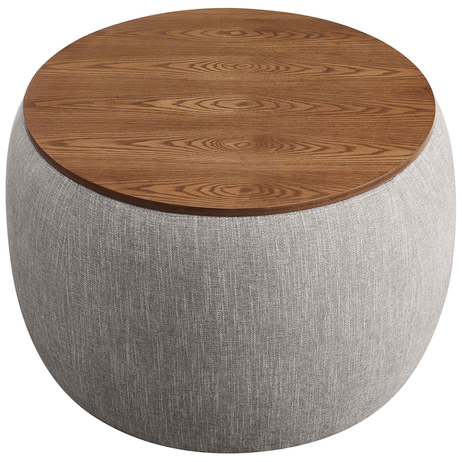 Wood grain veneer tabletop surface topping the rounded heathered wheat ottoman base || EEI-6688-HEW || top_studio