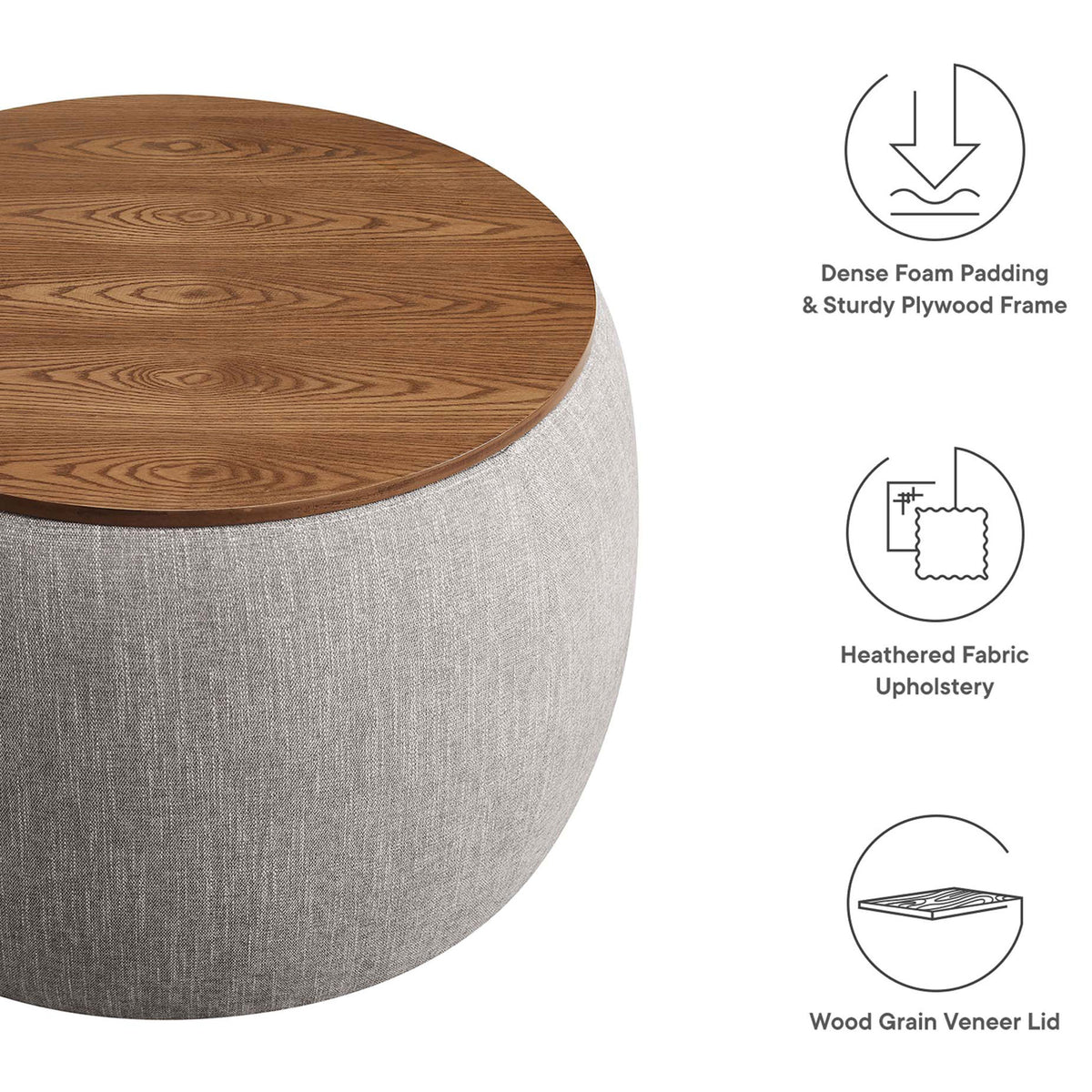 Feature graphic showing ottoman with icons for dense foam, heathered upholstery, and wood veneer lid || EEI-6688-HEW || callout_studio