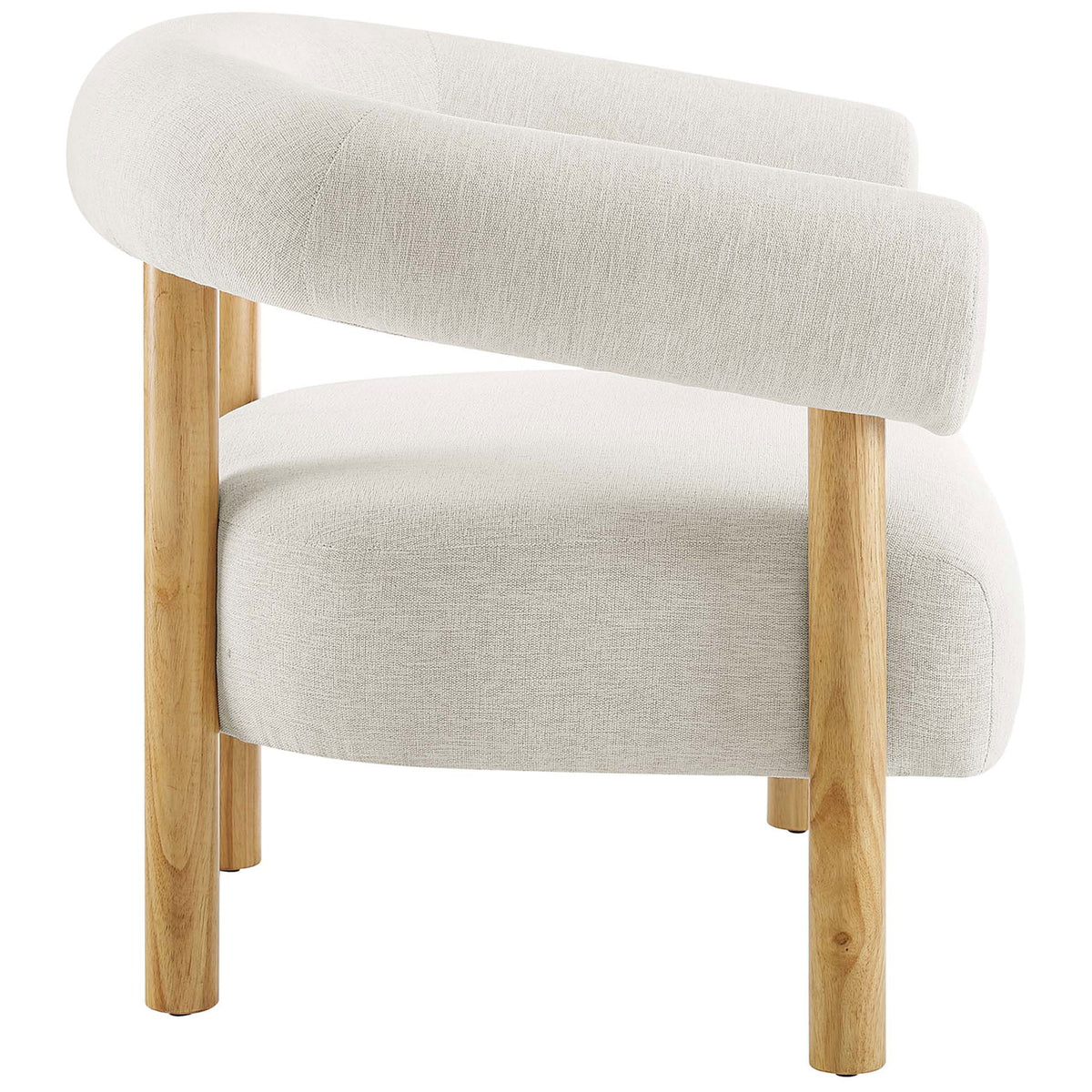 Sculptural barrel silhouette with airy open sides, heathered ivory upholstery, and solid wood posts || EEI-6689-IVO-NAT || side_studio