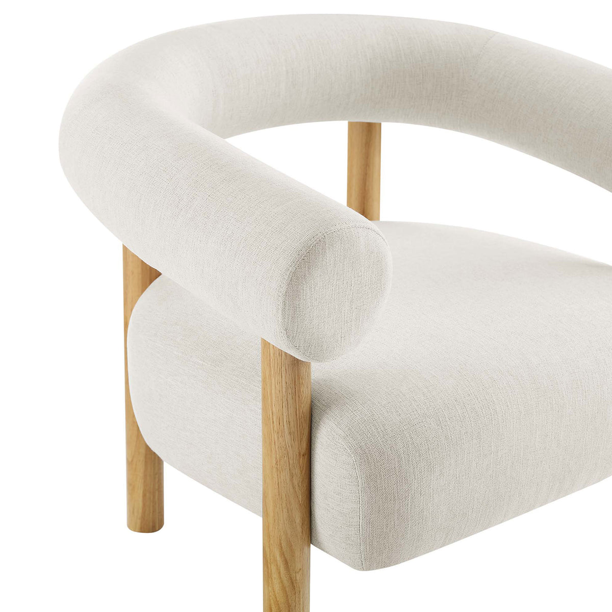 Heathered ivory upholstery and softly rounded backrest accented by smooth natural wood posts || EEI-6689-IVO-NAT || detail_studio