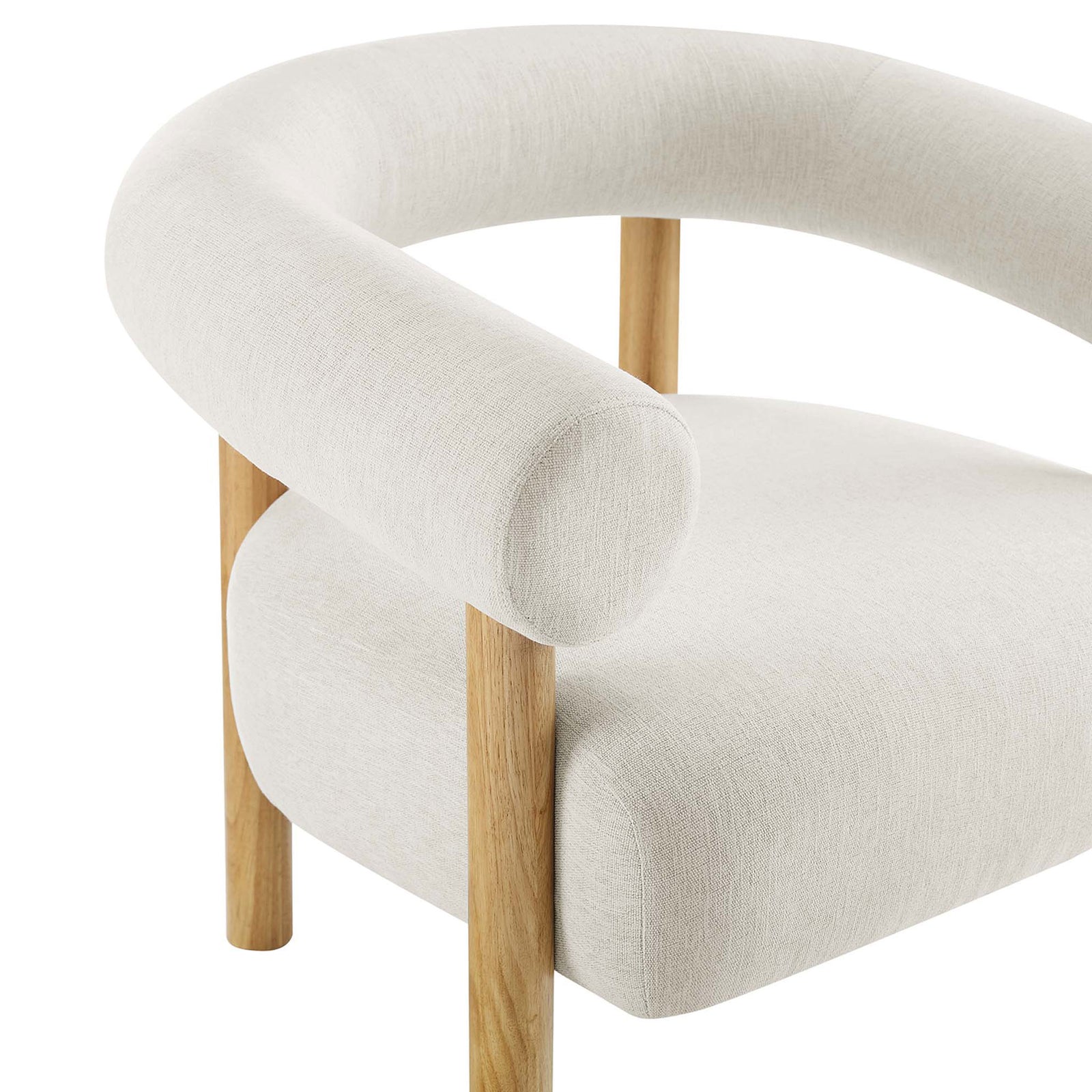 Heathered ivory upholstery and softly rounded backrest accented by smooth natural wood posts || EEI-6689-IVO-NAT || detail_studio