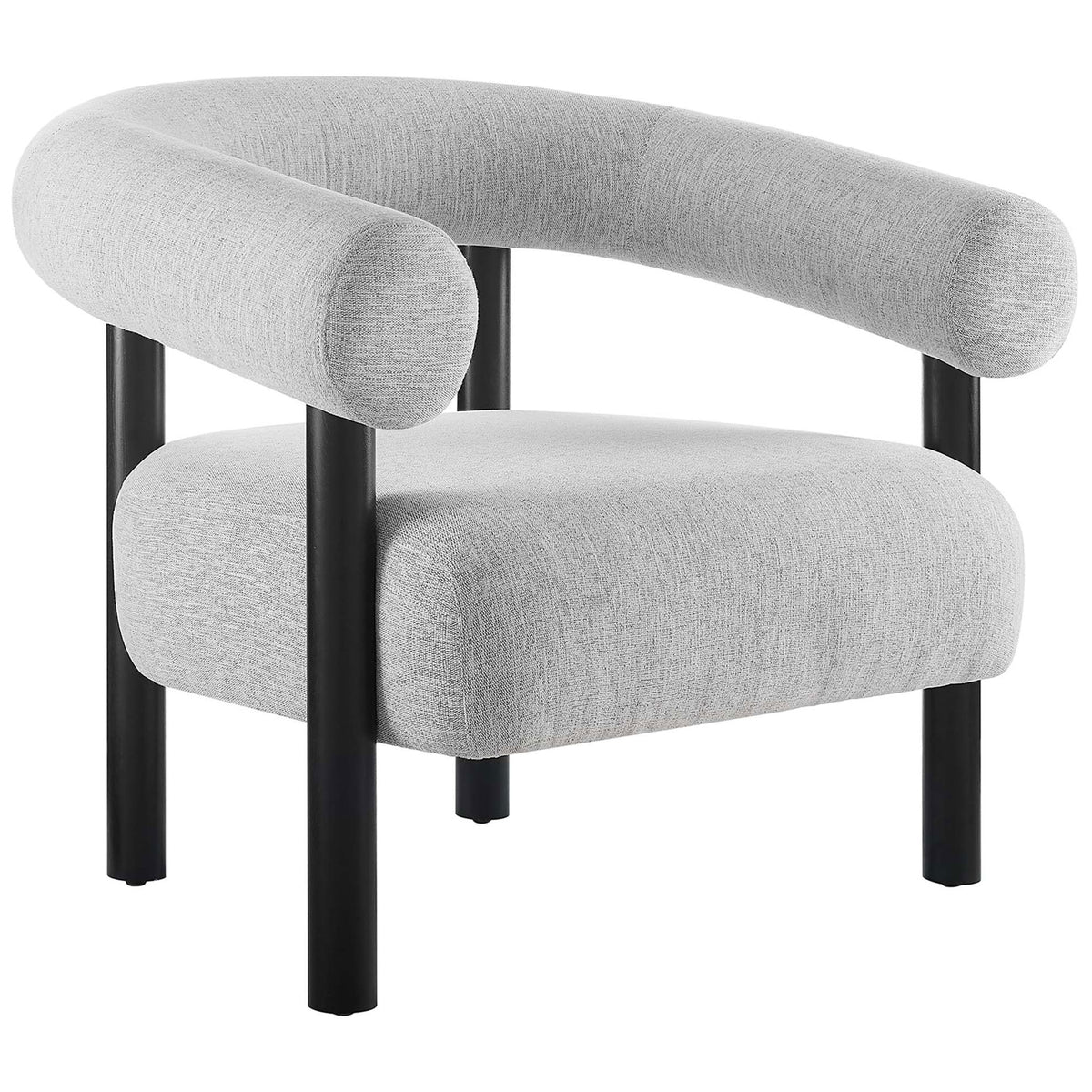 Modern armchair with rounded open back, heathered light gray upholstery, and sleek black legs || EEI-6689-LGR-BLK || front_angle_studio
