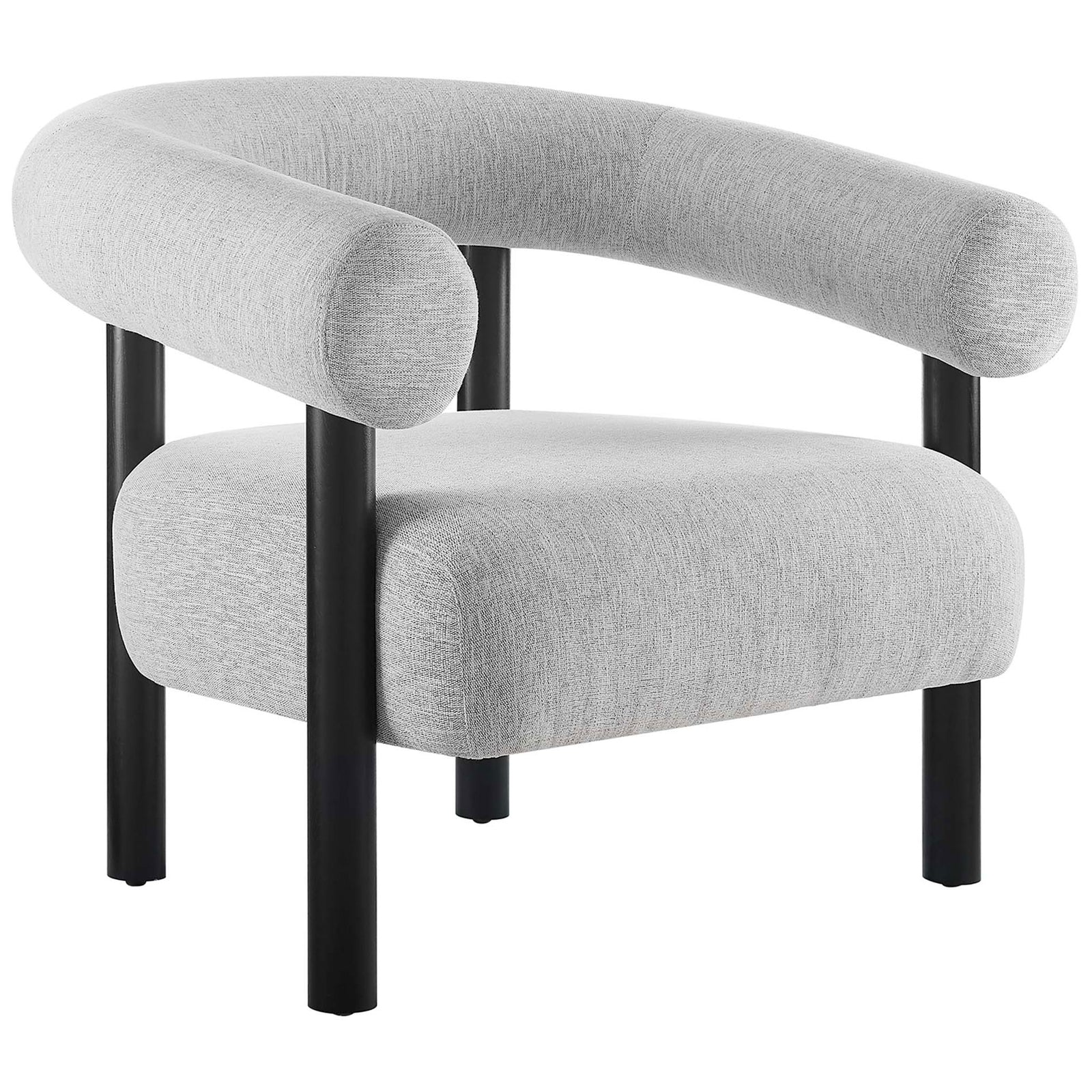 Modern armchair with rounded open back, heathered light gray upholstery, and sleek black legs || EEI-6689-LGR-BLK || front_angle_studio