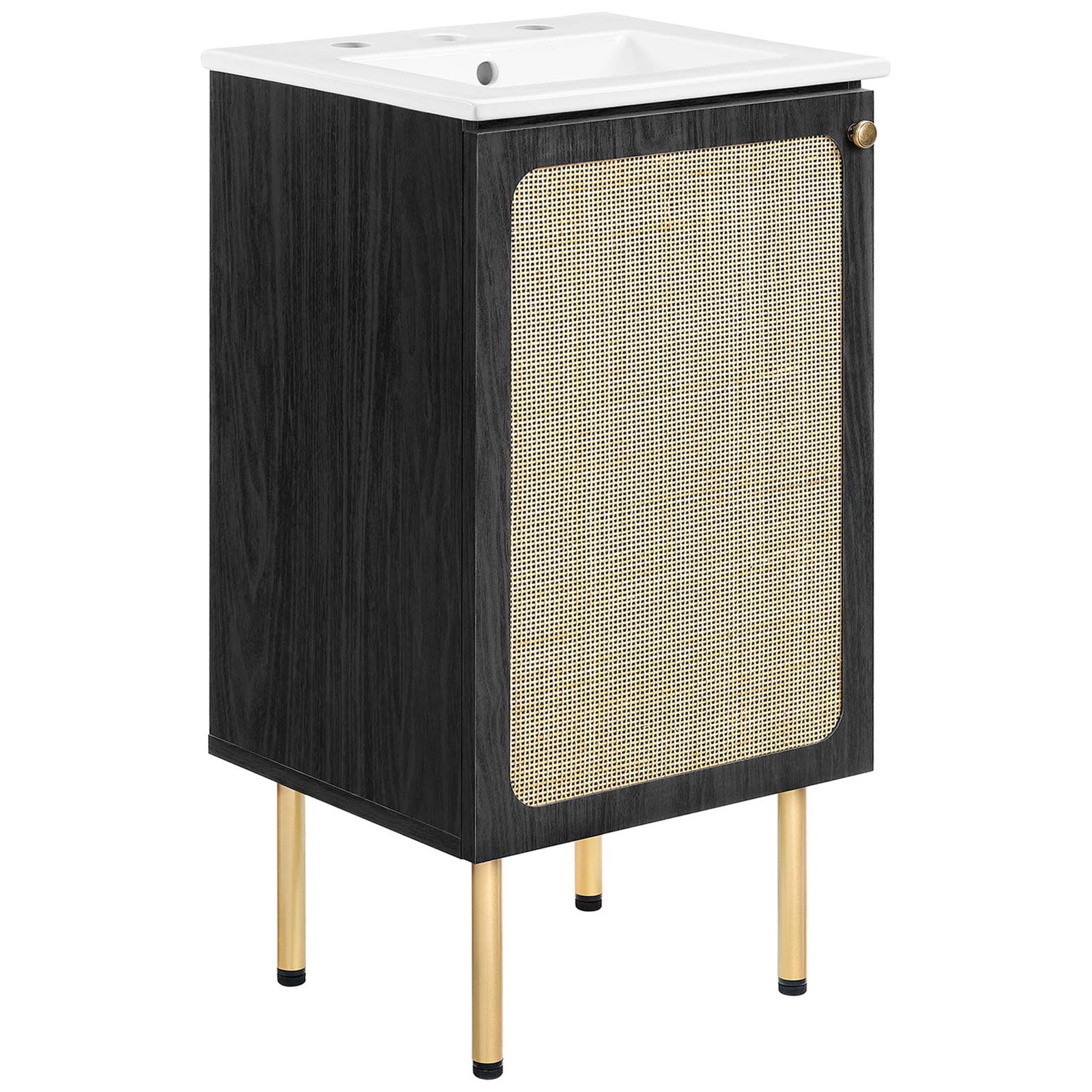 Black vanity with rattan door, round brass knob, and gold legs topped by a crisp white ceramic basin || EEI-6691-BLK-WHI || front_angle_studio