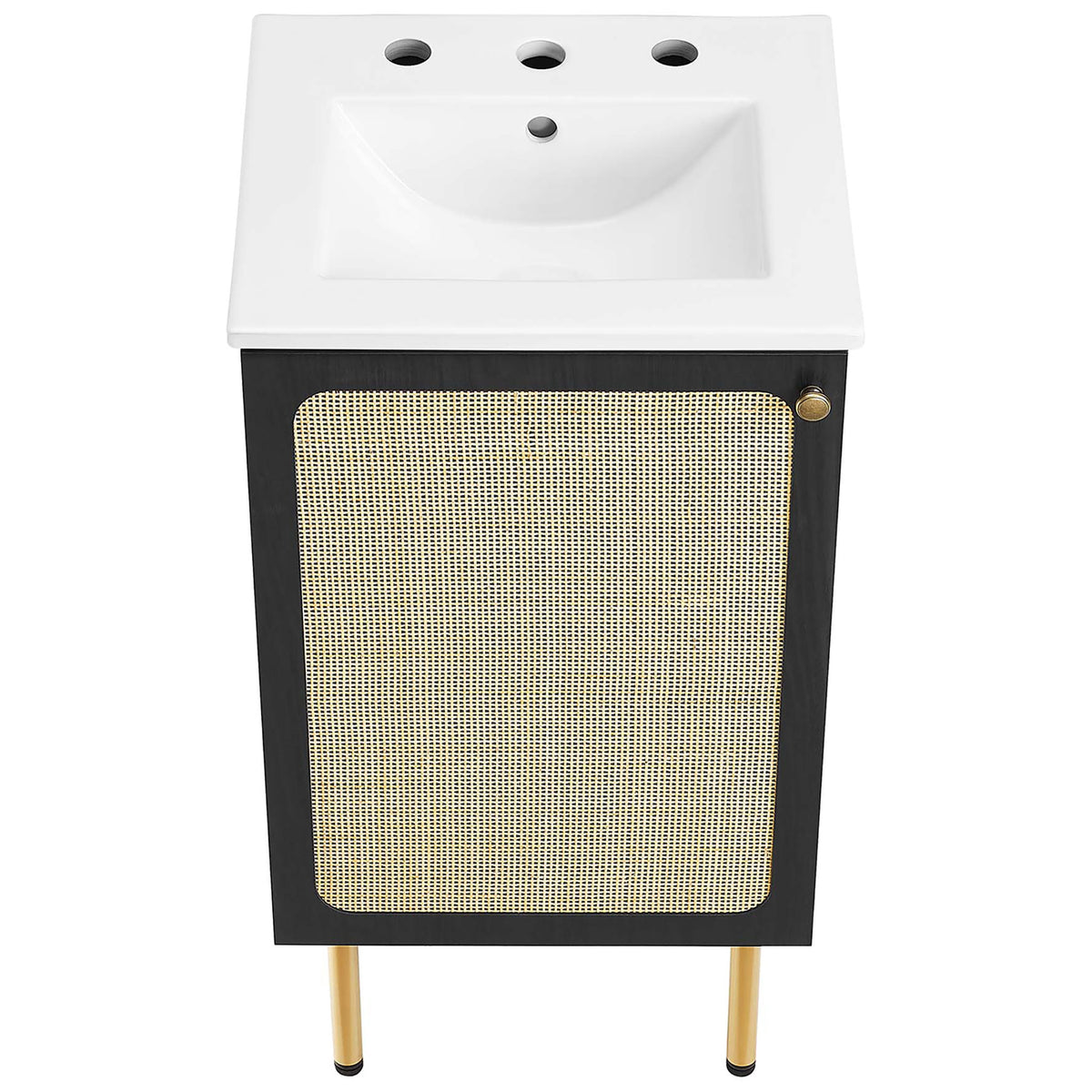 Integrated rectangular basin with clean edges on the chic black vanity base || EEI-6691-BLK-WHI || top_angle_studio