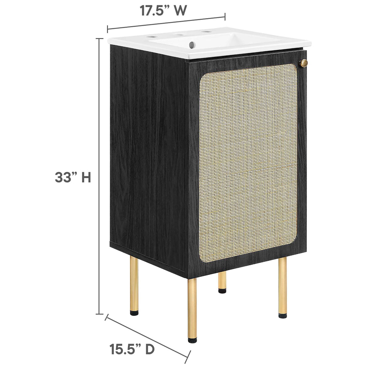 Dimensions diagram for the Chaucer 18-inch vanity: 33 H x 17.5 W x 15.5 D inches || EEI-6691-BLK-WHI || dimension_studio