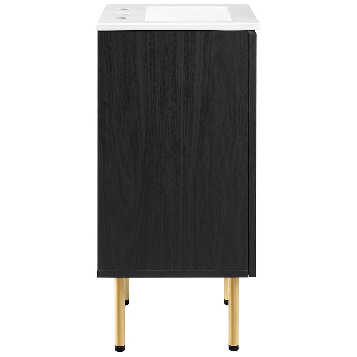 Slim profile vanity in black wood grain with gold legs and an integrated white ceramic countertop basin || EEI-6691-BLK-WHI || side_studio