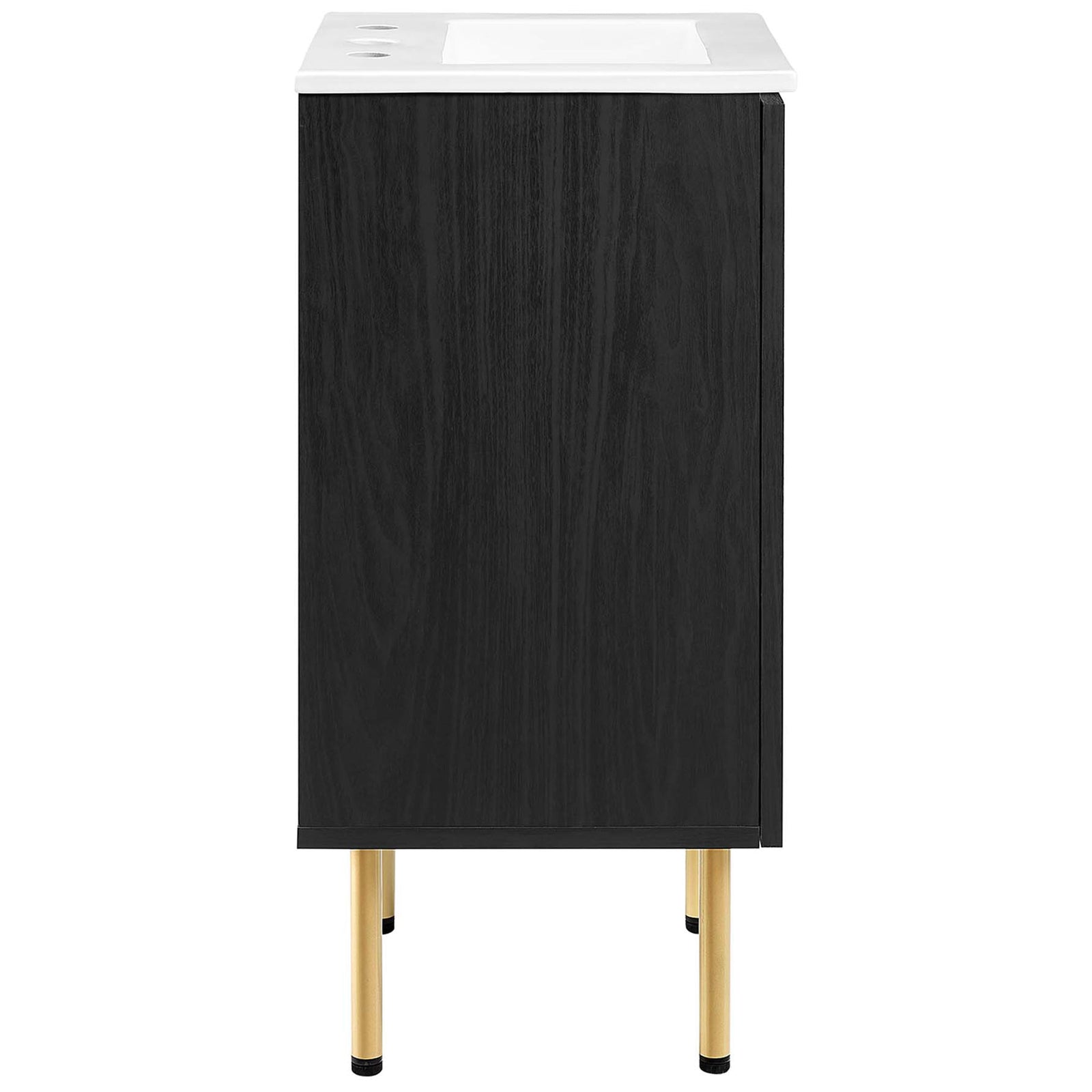 Slim profile vanity in black wood grain with gold legs and an integrated white ceramic countertop basin || EEI-6691-BLK-WHI || side_studio