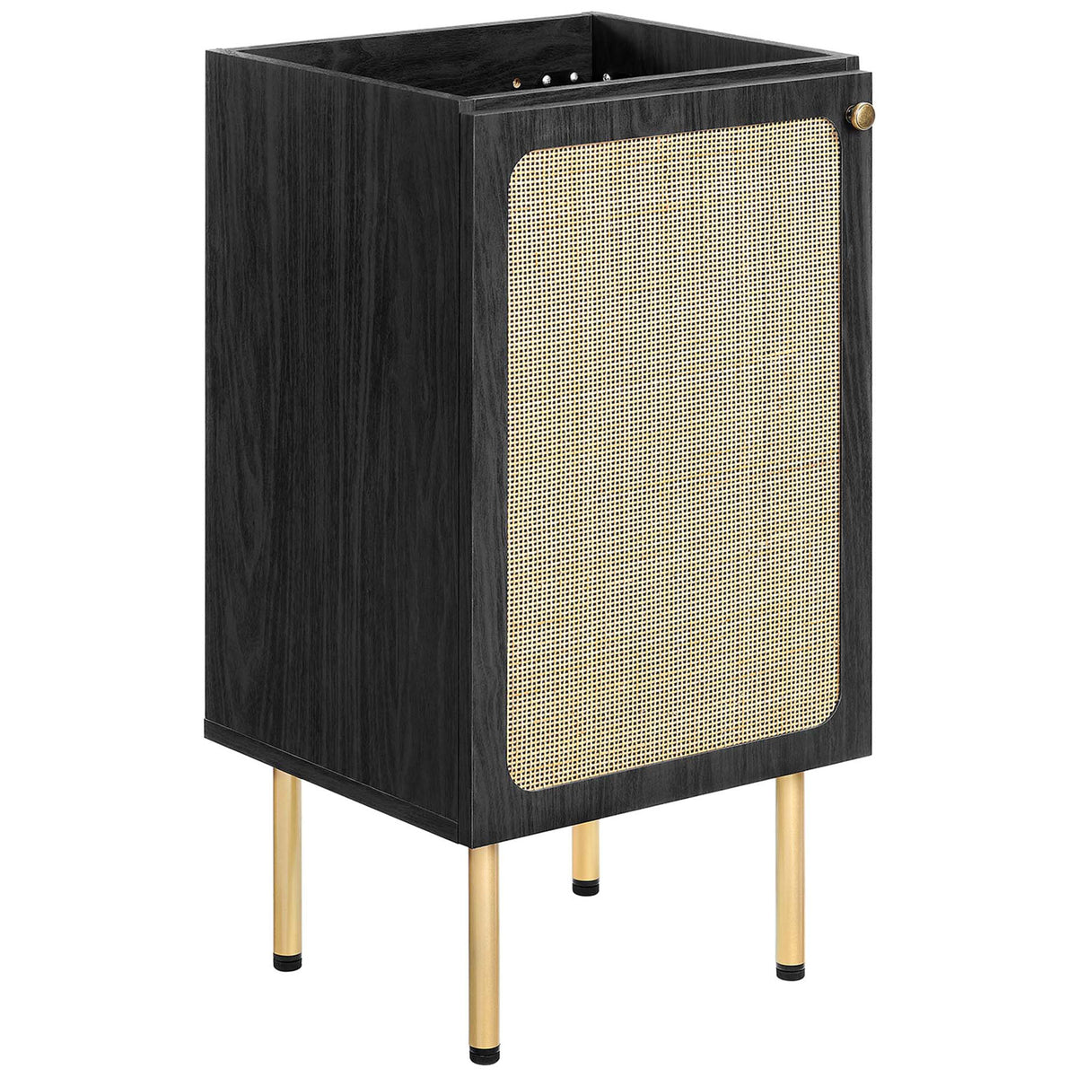 Rattan-front cabinet in black wood grain with adjustable shelf and round brass knob || EEI-6691-BLK-WHI || front_angle_partial_studio