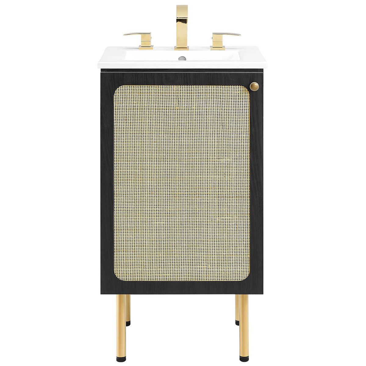 Cane-front vanity finished in black with white basin and gleaming gold accents || EEI-6691-BLK-WHI || front_studio