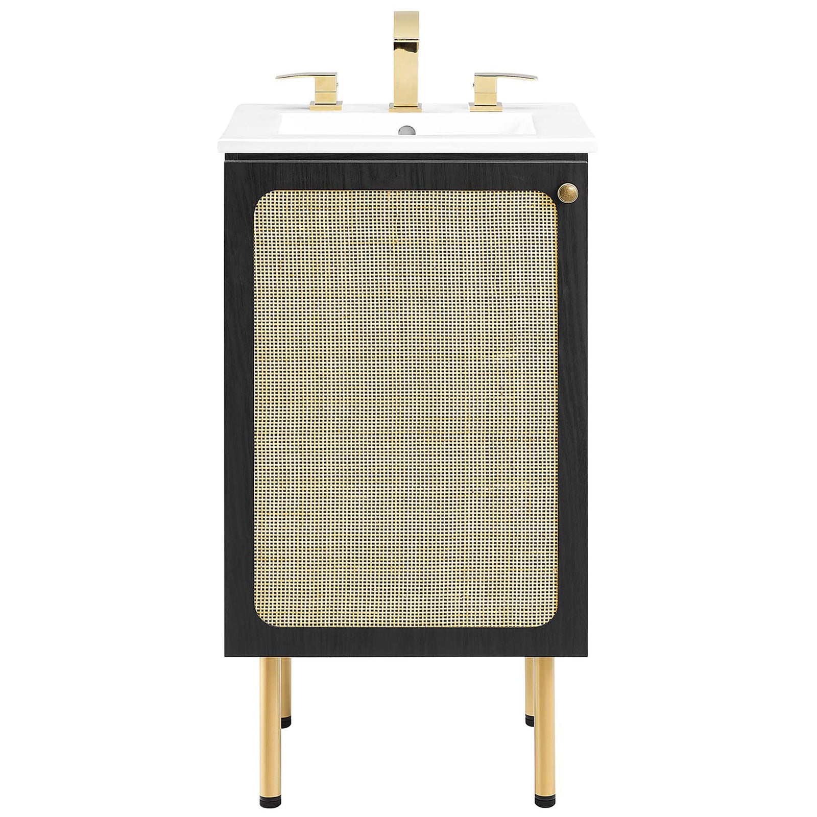 Cane-front vanity finished in black with white basin and gleaming gold accents || EEI-6691-BLK-WHI || front_studio