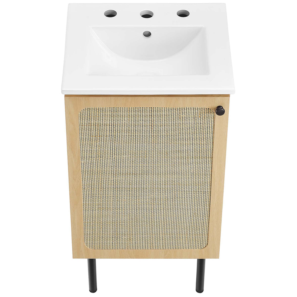 Integrated ceramic sink maximizes counter space on a small-footprint cabinet || EEI-6691-OAK-WHI || top_angle_studio