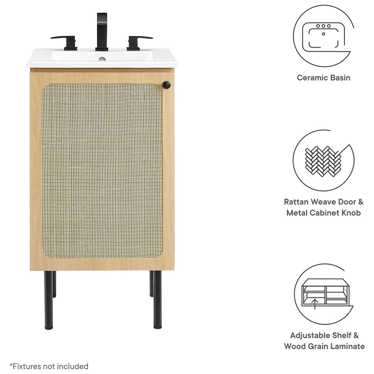 Key features: ceramic basin, rattan door, adjustable shelf, and wood grain finish || EEI-6691-OAK-WHI || callout_studio